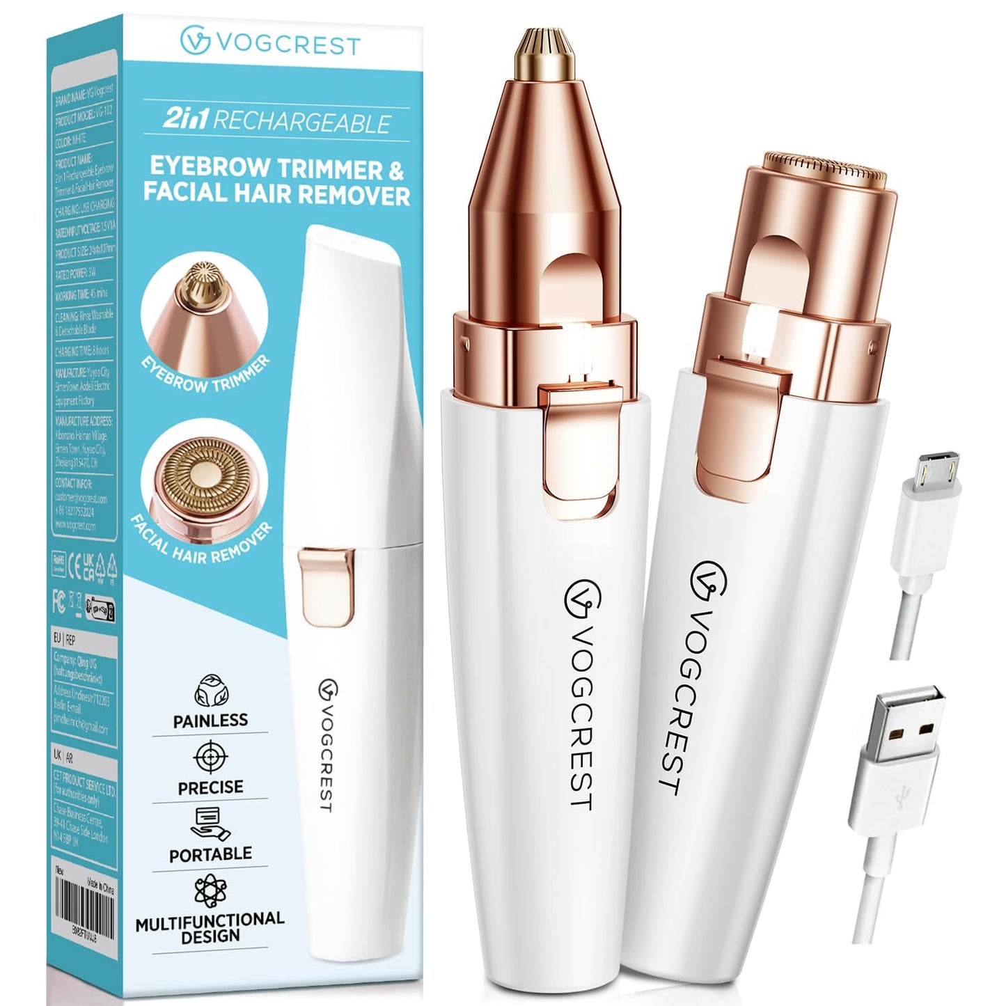 Eyebrow Facial Trimmer: 2 in1 Rechargeable Facial Hair Removal and Eyebrow Shaver - Face Lips Body Painless Facial Razor with Built-in LED Light (Rose Gold)