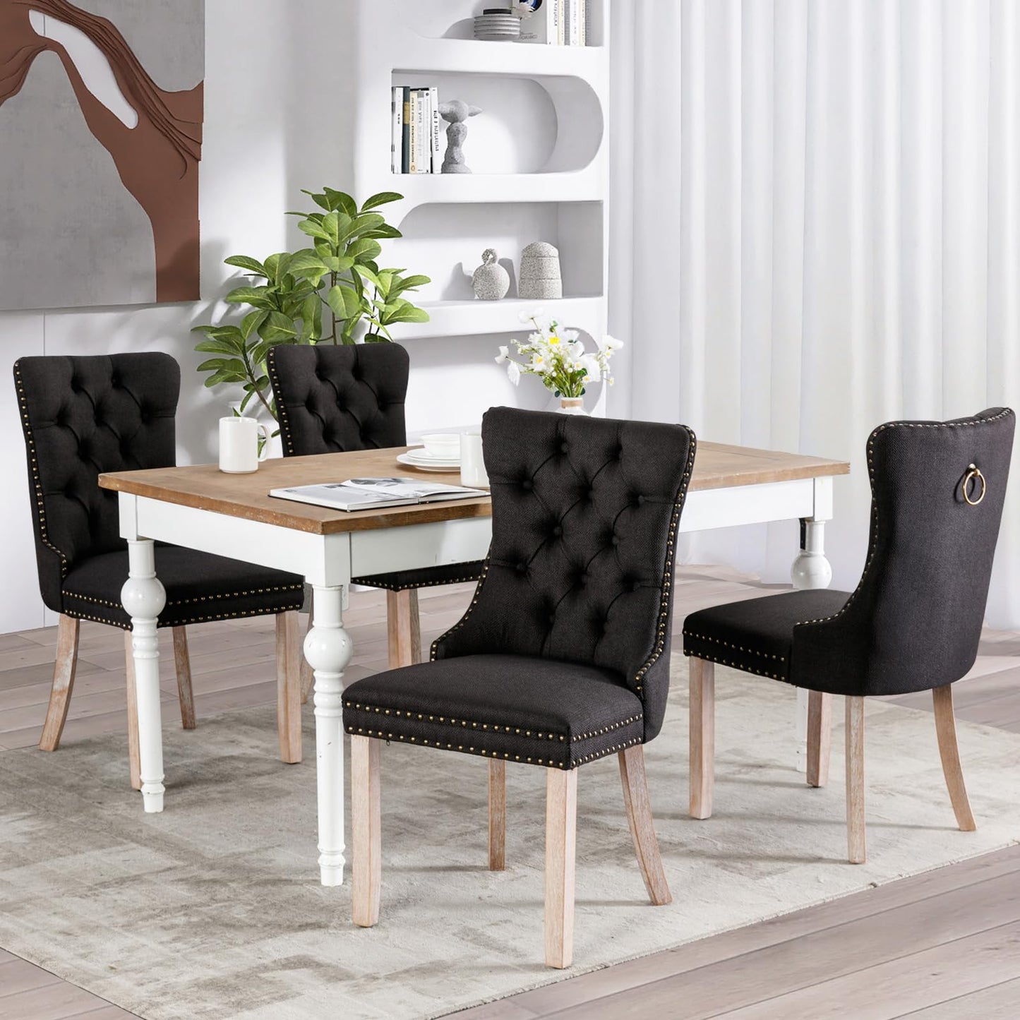 SoarFlash Esszimmerstühle aus Leder, 8er-Set, Beistellstuhl mit hoher Rückenlehne, moderner gepolsterter Beistellstuhl mit Knopfrückenring, Beine aus Massivholz (Schwarz und Grau)