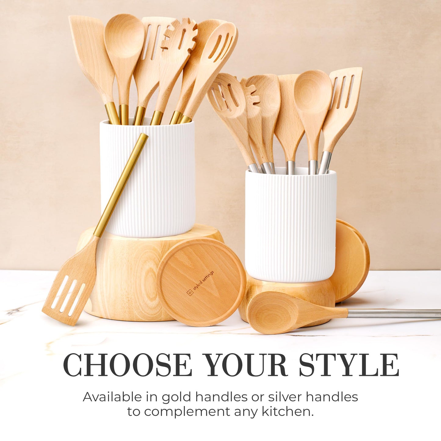 Ensemble d'ustensiles de cuisine en bois – Ensemble de 8 pièces comprenant des ustensiles de cuisine en bois et en or, un porte-ustensiles blanc et un repose-cuillère en bois – Ustensiles de cuisine durables et élégants pour cuisiner et servir