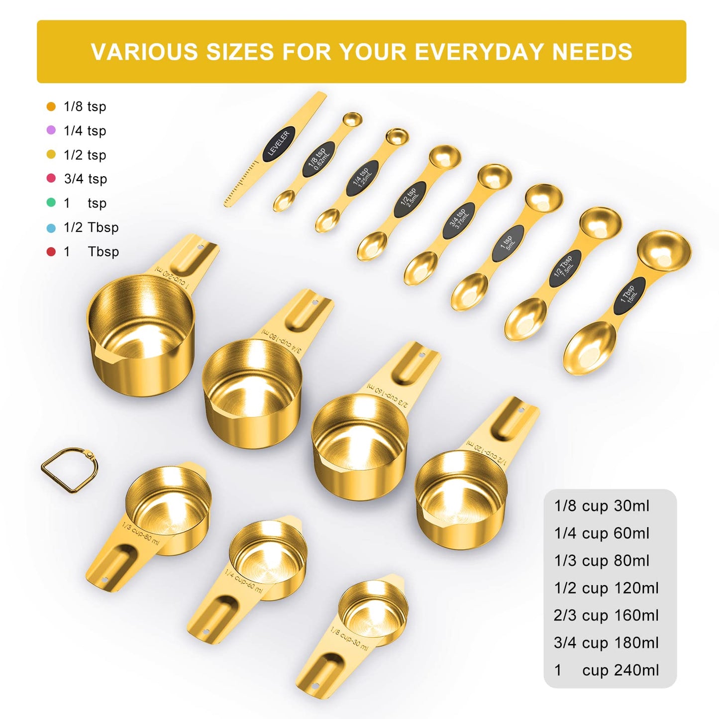 Goldfarbenes Messbecher- und Löffel-Set, 15 Stück, 18/8 Edelstahl, inkl. 7 ineinander stapelbaren Messbechern aus Metall, 8 magnetischen Messlöffeln – ideale Küchenhelfer zum Kochen und Backen