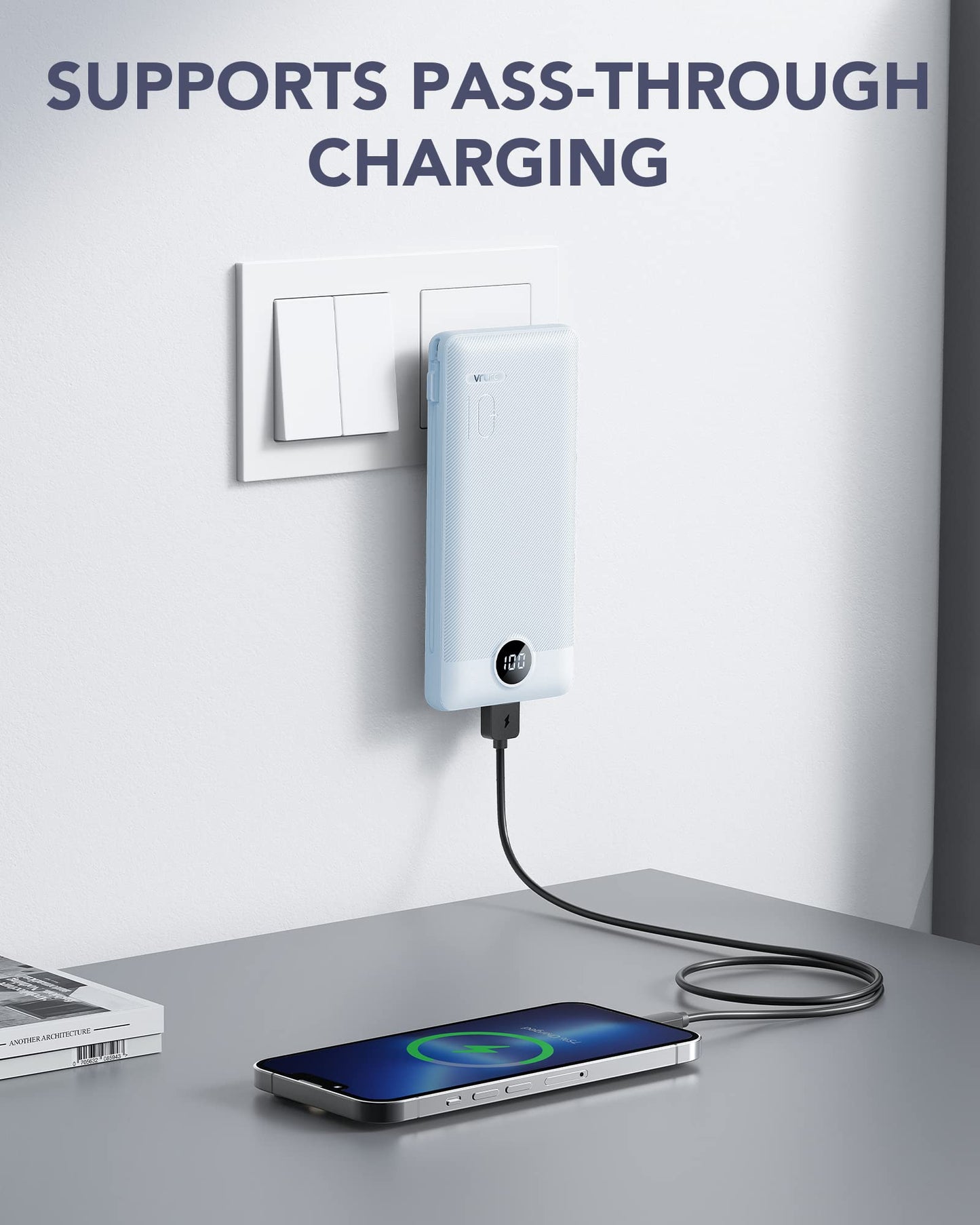 VRURC Portable Charger Built-in Cables and AC Wall Plug, USB C Power Bank 10000mAh, Travel Battery Phone Charger Compact Lightweight External Battery Pack for Smart Phones, Tablets etc-Orange