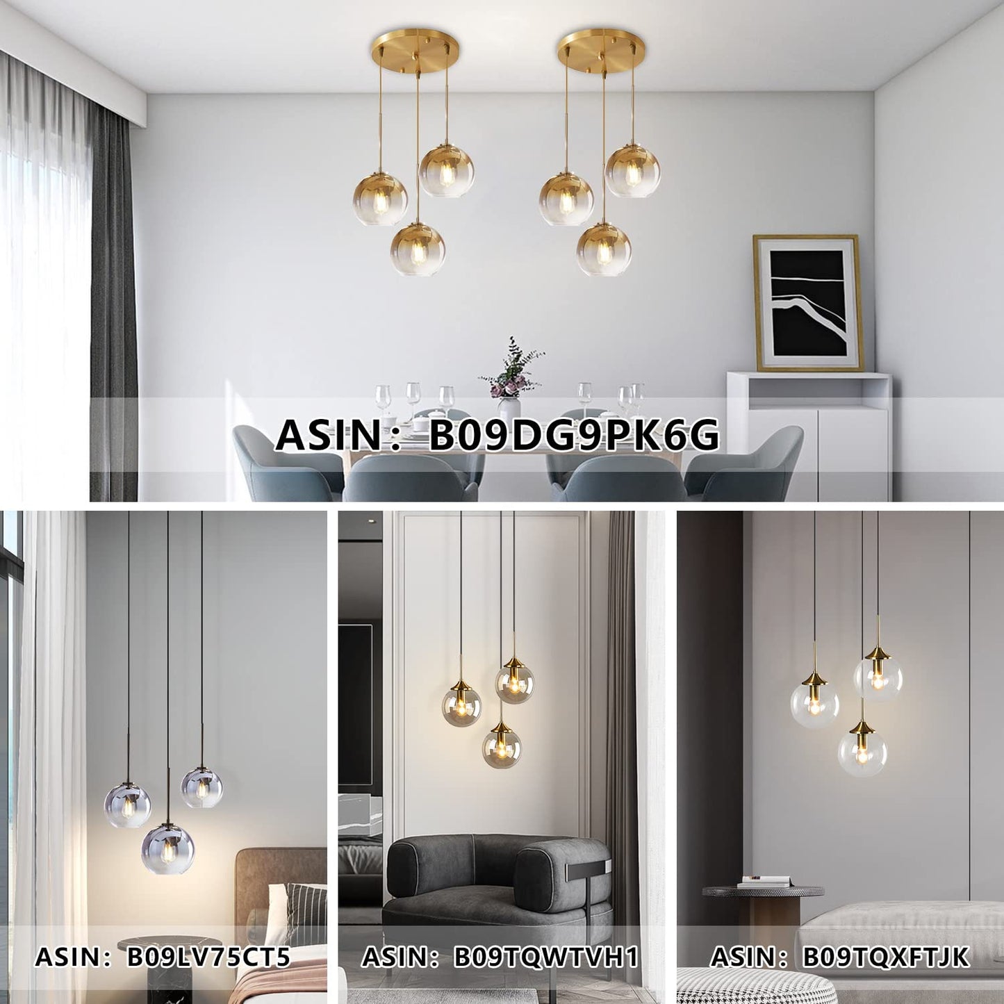KCO Lighting Gold Cluster Pendelleuchte 3-flammige Cluster Pendelleuchte Große Glaspendelleuchten Kücheninsel Bubble Globe Kronleuchter Mid Century Modern Hängeleuchte