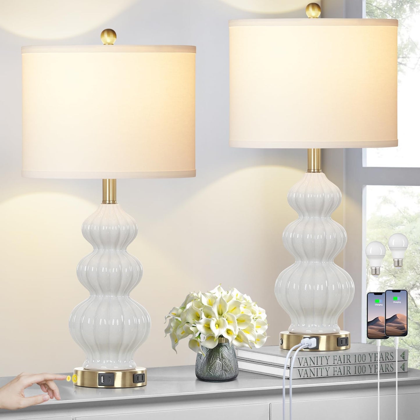 27-Zoll-Tischlampen aus Glas, 2er-Set mit Nachtlicht, moderne Nachttischlampen mit 3-Wege-Touch-Steuerung, USB-A+C-Anschlüssen und AC-Steckdose, gelbe Nachttischlampen im Boho-Stil für das Wohnzimmer im Schlafzimmer