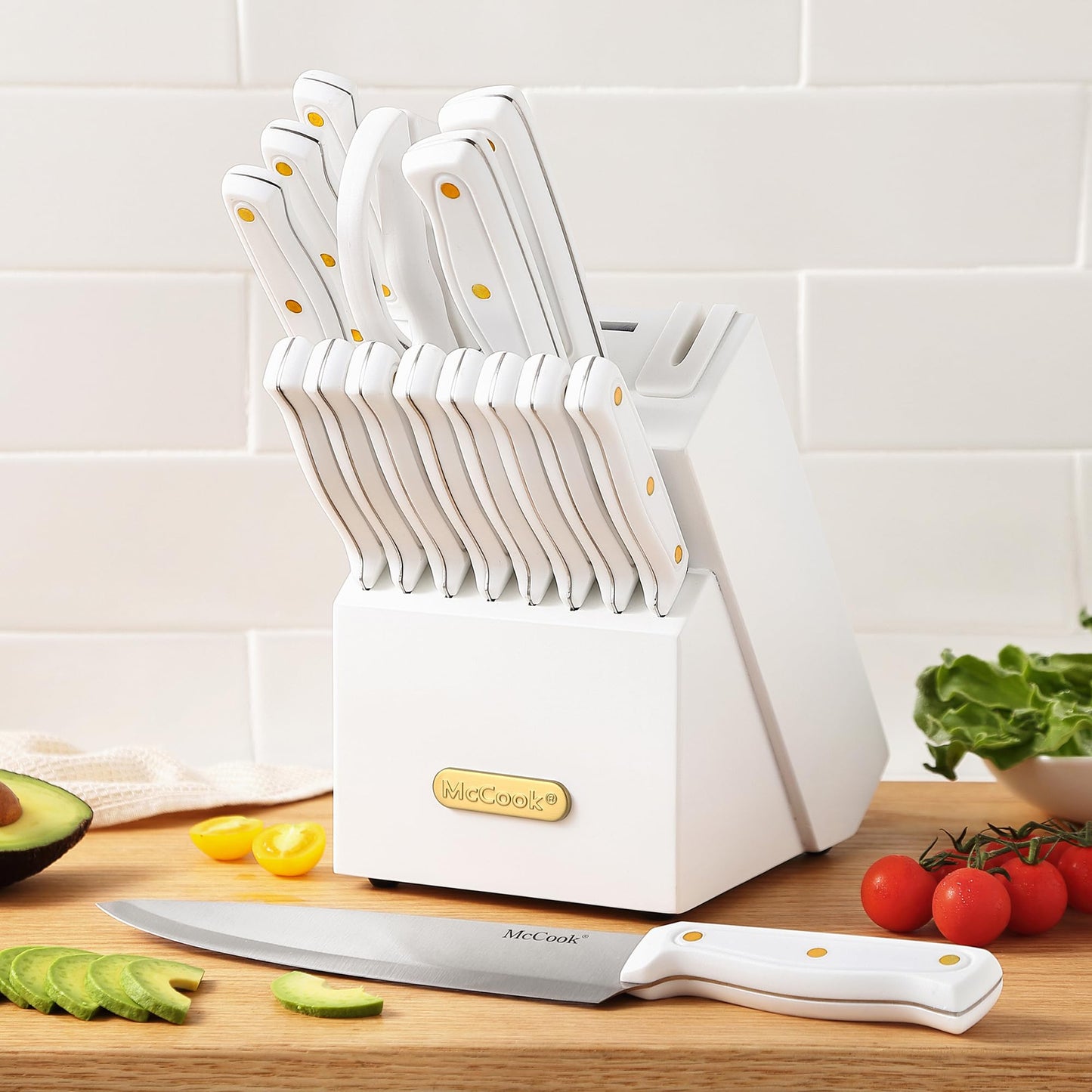 McCook® Knife Sets, Golden Titanium Stainless Steel Kitchen Knife Block Sets with Built-in Sharpener