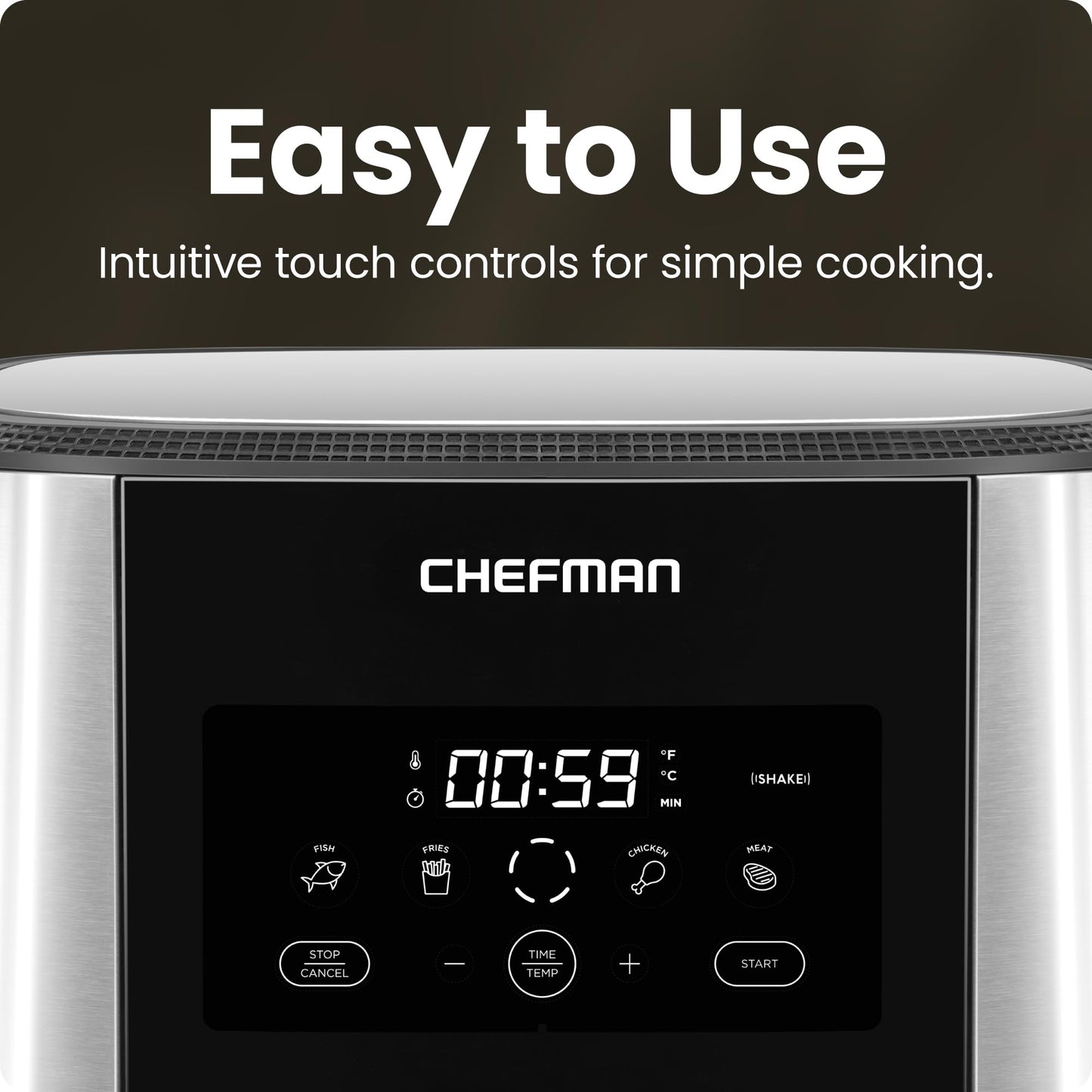 Chefman TurboFry® Touch Heißluftfritteuse, XL 8-Qt Familiengröße, digitale One-Touch-Voreinstellungen, Pommes Frites, Hähnchen, Fleisch, Fisch, antihaftbeschichtete, spülmaschinenfeste Teile, automatische Abschaltung, Edelstahl