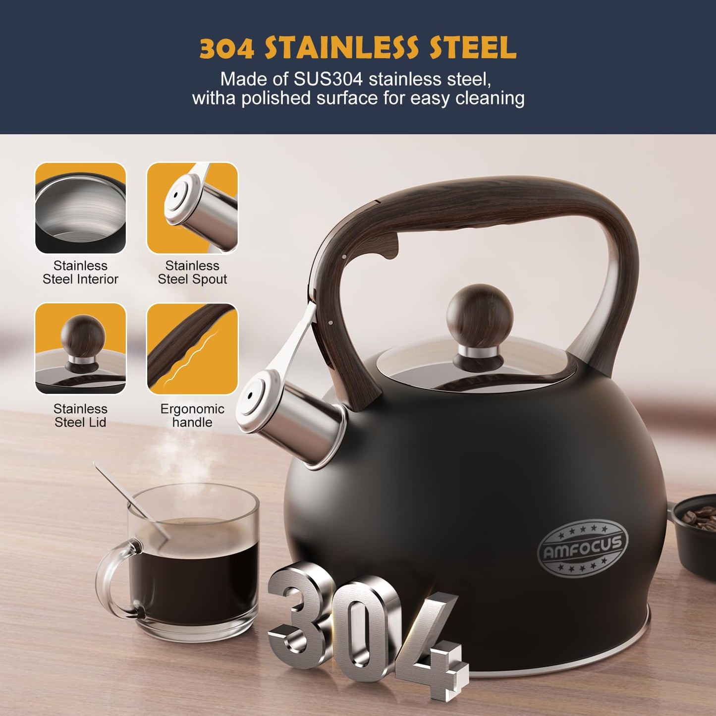 Tea Kettle Whistling Teapot for Stovetop : 2.64 Quart Food Grade Stainless Steel Tea Pot with Ergonomic Handle, Loud Whistle Camping Kettle for Tea, Coffee, Milk - Black
