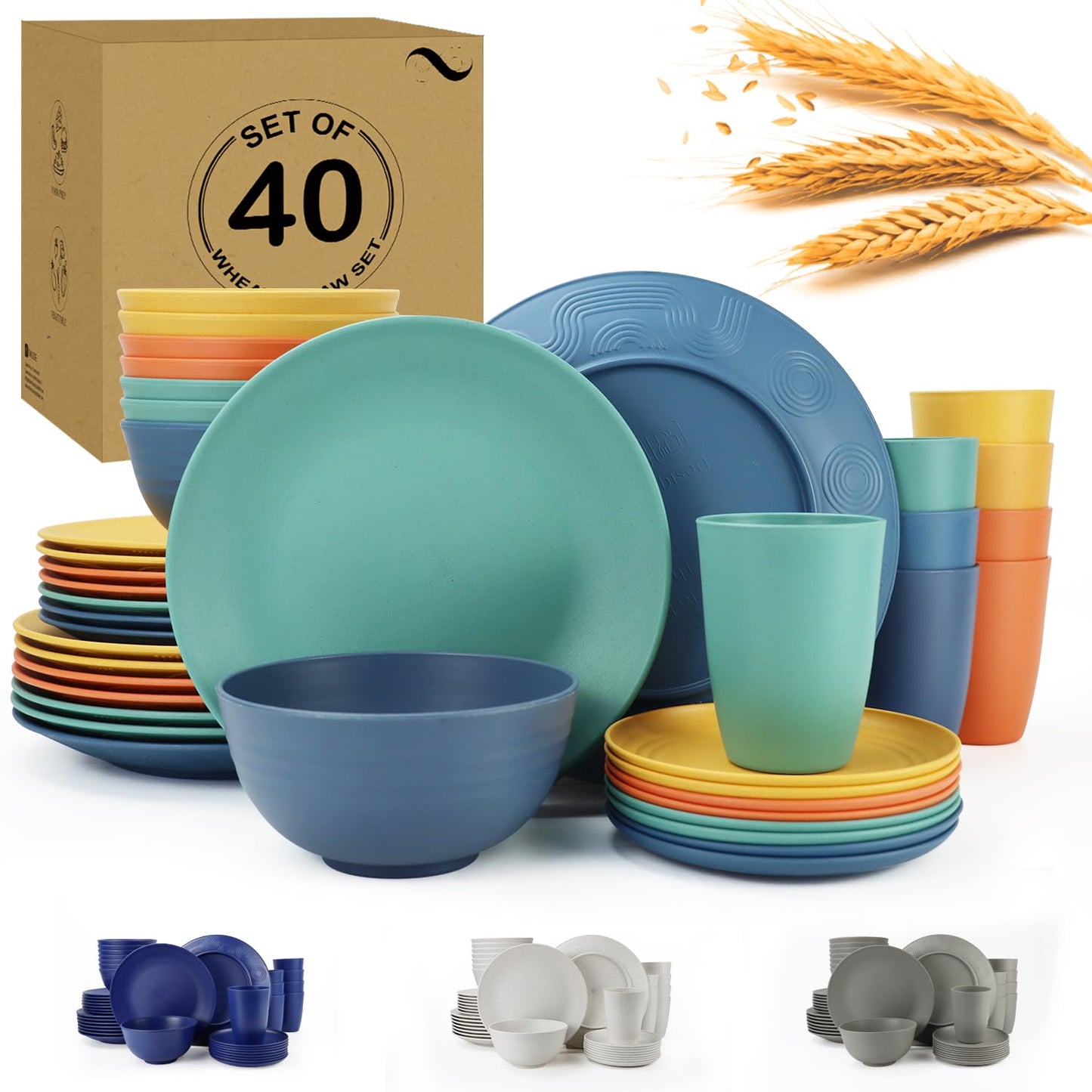 28 Piece Wheat Straw Dinnerware Sets,Dishwasher & Microwave Safe Plates and Bowls Sets - Unbreakable Plastic Dinnerware Sets for 4 Dinner Plates, Cups, Cereal Bowls - Colorful Series