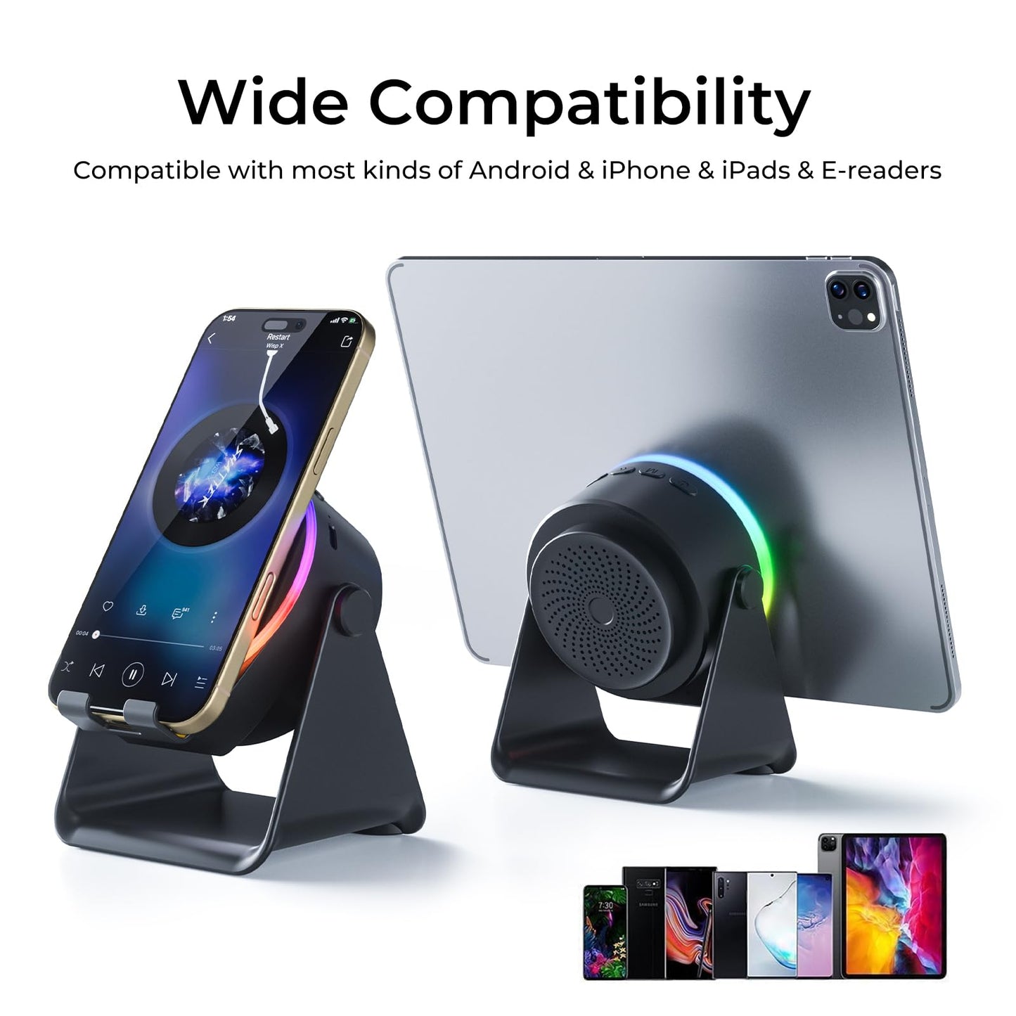 Dohelly Wireless Induction Speaker with Phone Stand & RGB Light, No Bluetooth Needed, Compatible with iPhone, Android, Tablets – Black