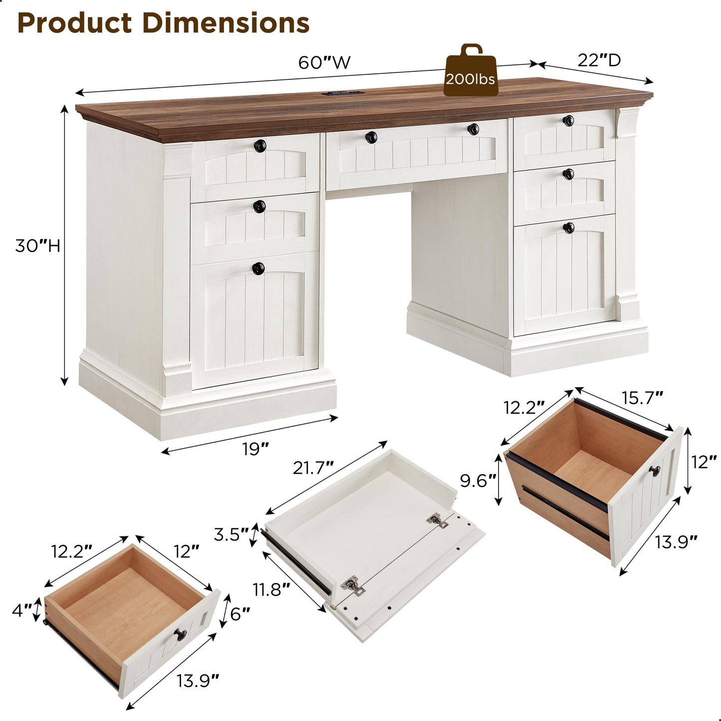 OKD 60-Zoll-Chefschreibtisch mit Schubladen, Home-Office-Schreibtisch im Landhausstil mit Ladestation, Tastaturablage, Aktenschrank-Aufbewahrung, Holz-Computertisch für Arbeit und Studium, Antikweiß