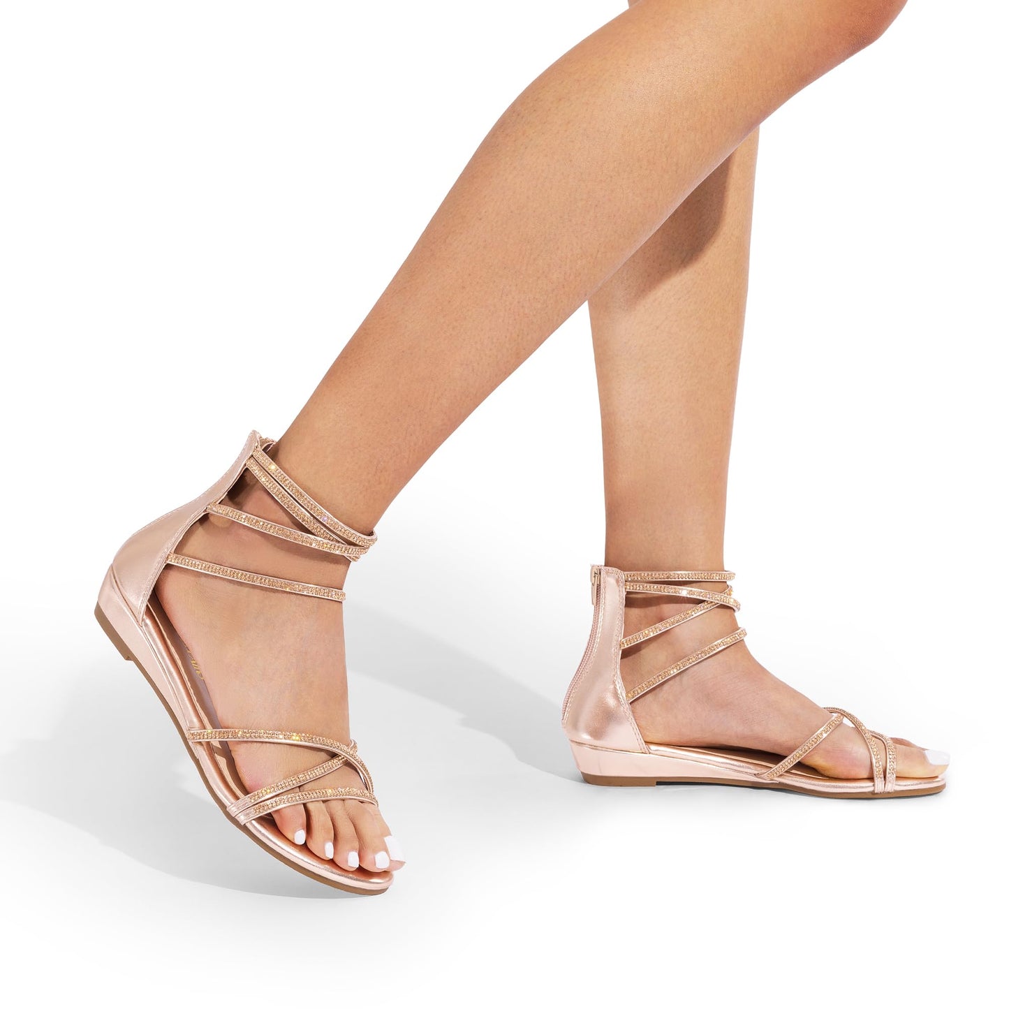 DREAM PAIRS Sandales plates à bride à la cheville pour femmes Sandales d'été habillées à lanières et strass pour gladiateur