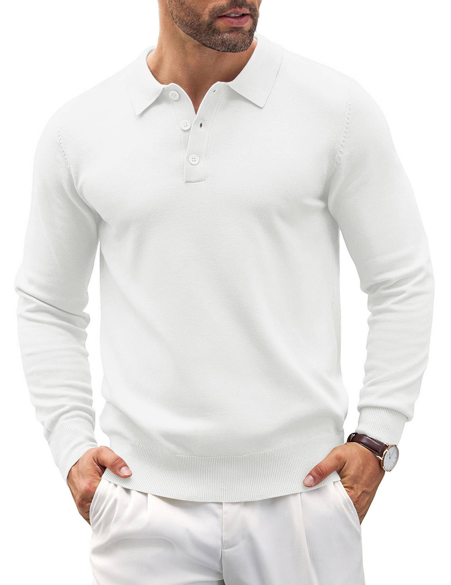 COOFANDY Mens Knit Polo Shirts Casual Long Sleeve Classic Polo Shirts Button Down Golf Shirts