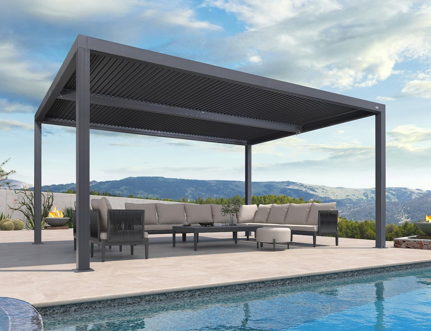 PURPLE LEAF Lamellenpergola 94AS, 3,3 x 4,3 m, Aluminium-Pergola für den Außenbereich mit Sonnenschutz, verstellbarem Dach für Terrasse, Hinterhof, grauer Pavillon mit festem Dach, 1 lange Seite und 2 kurze Seiten