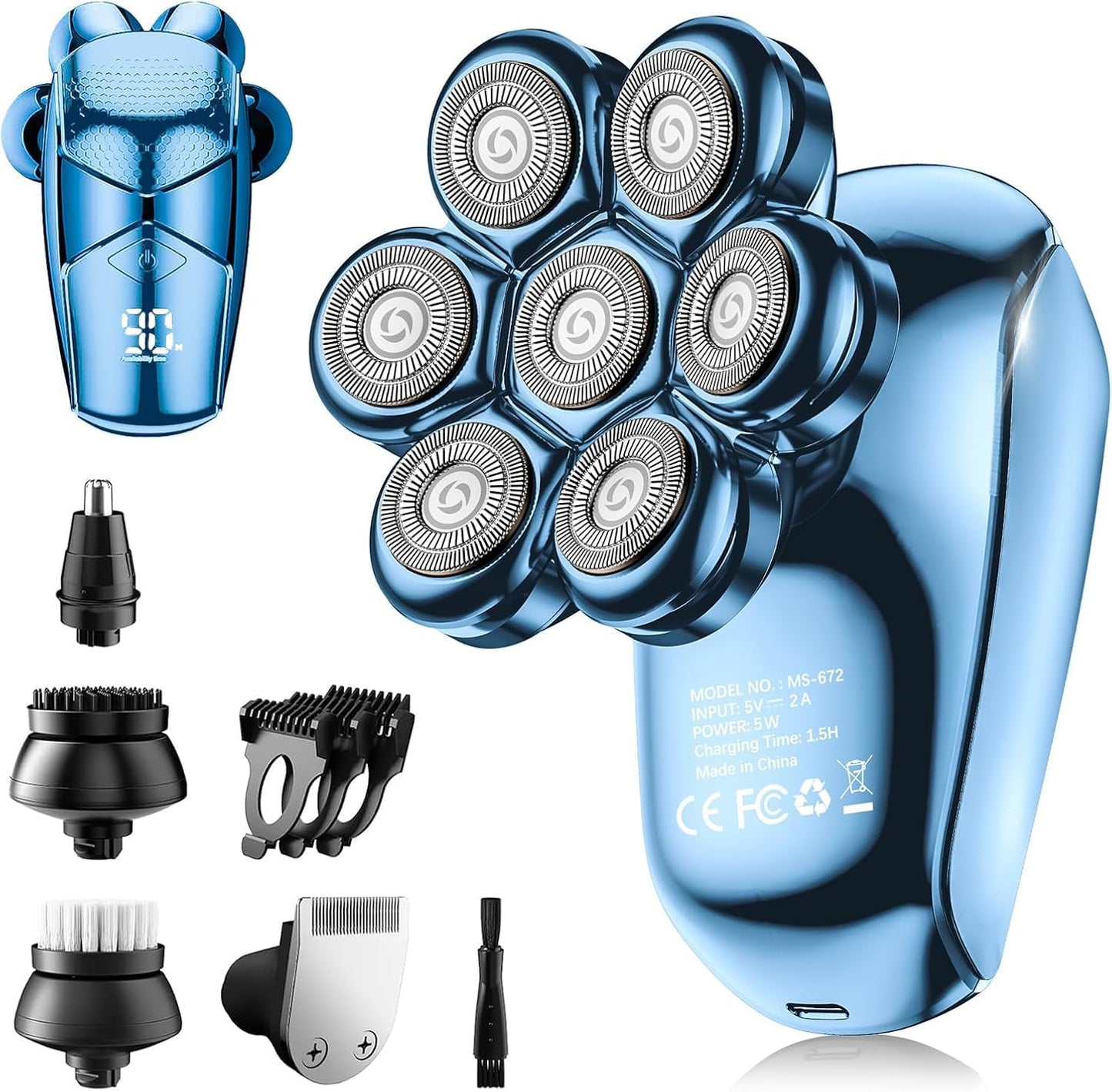Detachable Head Shavers, SHPAVVER 5 in 1 Electric Razor IPX7 Waterproof for Bald Men, Wet Dry LED Display Rechargeable 7D Rotary Shaver Grooming Kit with Type C Charge A