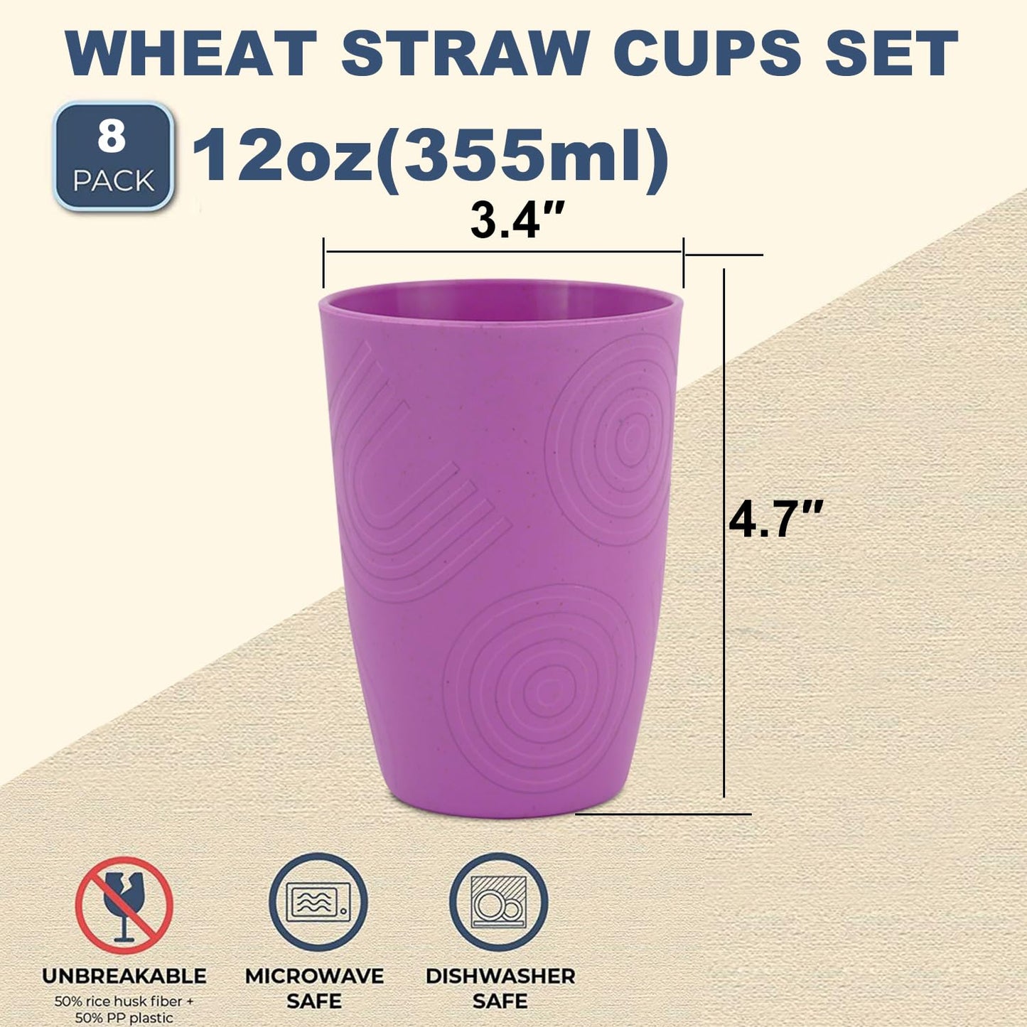 Wheat Straw Cups 8 PCS Good Alternative to Plastic Reusable Cups 20 oz Unbreakable Drinking Cup Reusable Dishwasher Safe Water Plastic Glasses Colorful Series
