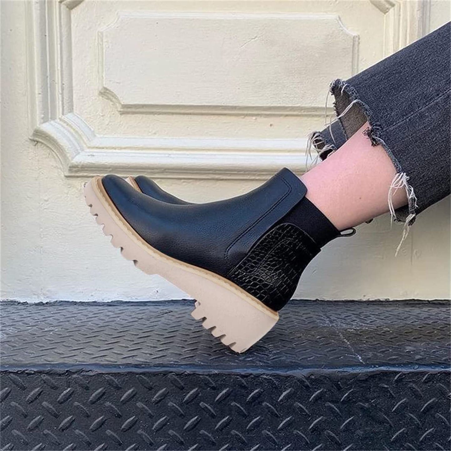 Trish Lucia Damen Chelsea-Stiefel mit Plateausohle, knöchelhoch, klobiger Blockabsatz, rutschfest, Wildleder, modische Schlupfstiefeletten
