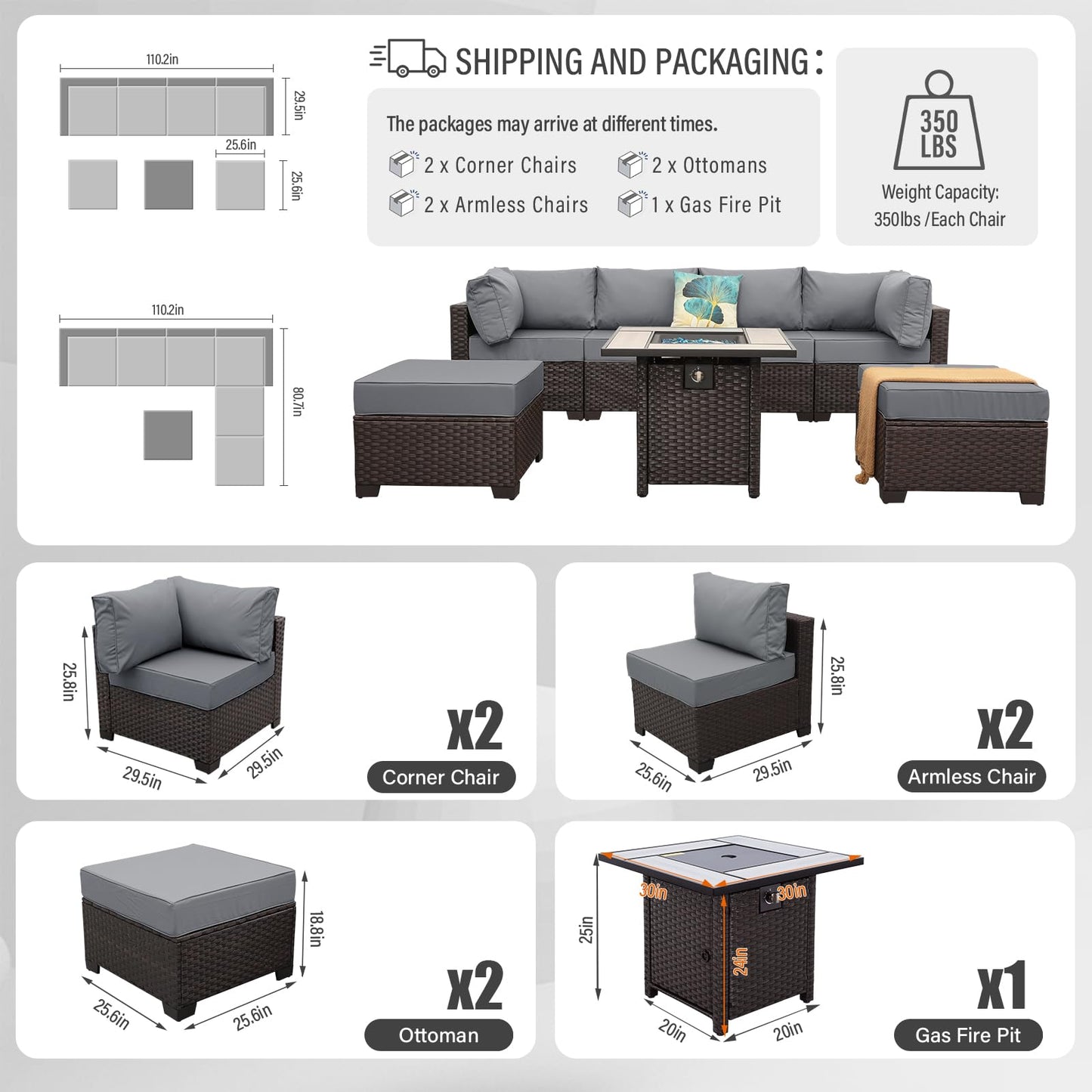 Outdoor Patio Dark Brown Rattan 7 Piece Sectional Set PE Wicker Conversation Sofa with Liftable Storage Table Non-Slip 5" Thick Royal Blue Cushion and Furniture Cover