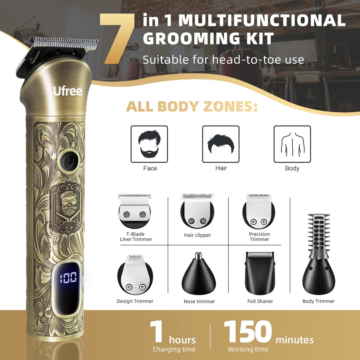 Ufree Beard Trimmer for Men, Electric Razor Shavers, Cordless Hair Clippers, Shaving Kit for Mustache, Body, Nose, Ear and Face, 7 in 1 Beard Grooming Kit, Gifts for Men
