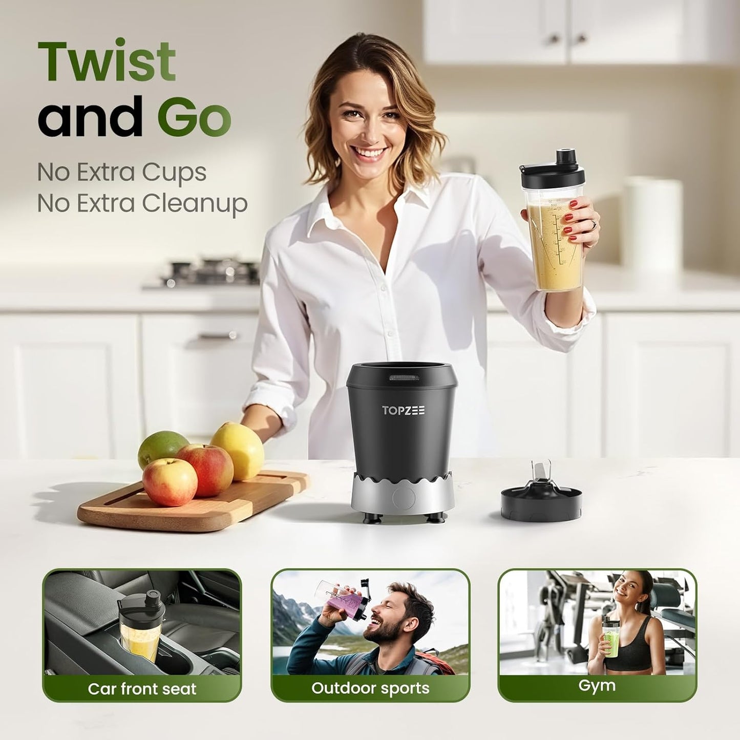 TOPZEE Personal Blender | 1000W (Max 1200W) Ice Crusher & Smoothie Maker – 24oz Portable Cup, 6 Stainless Steel Blades, Dishwasher-Safe