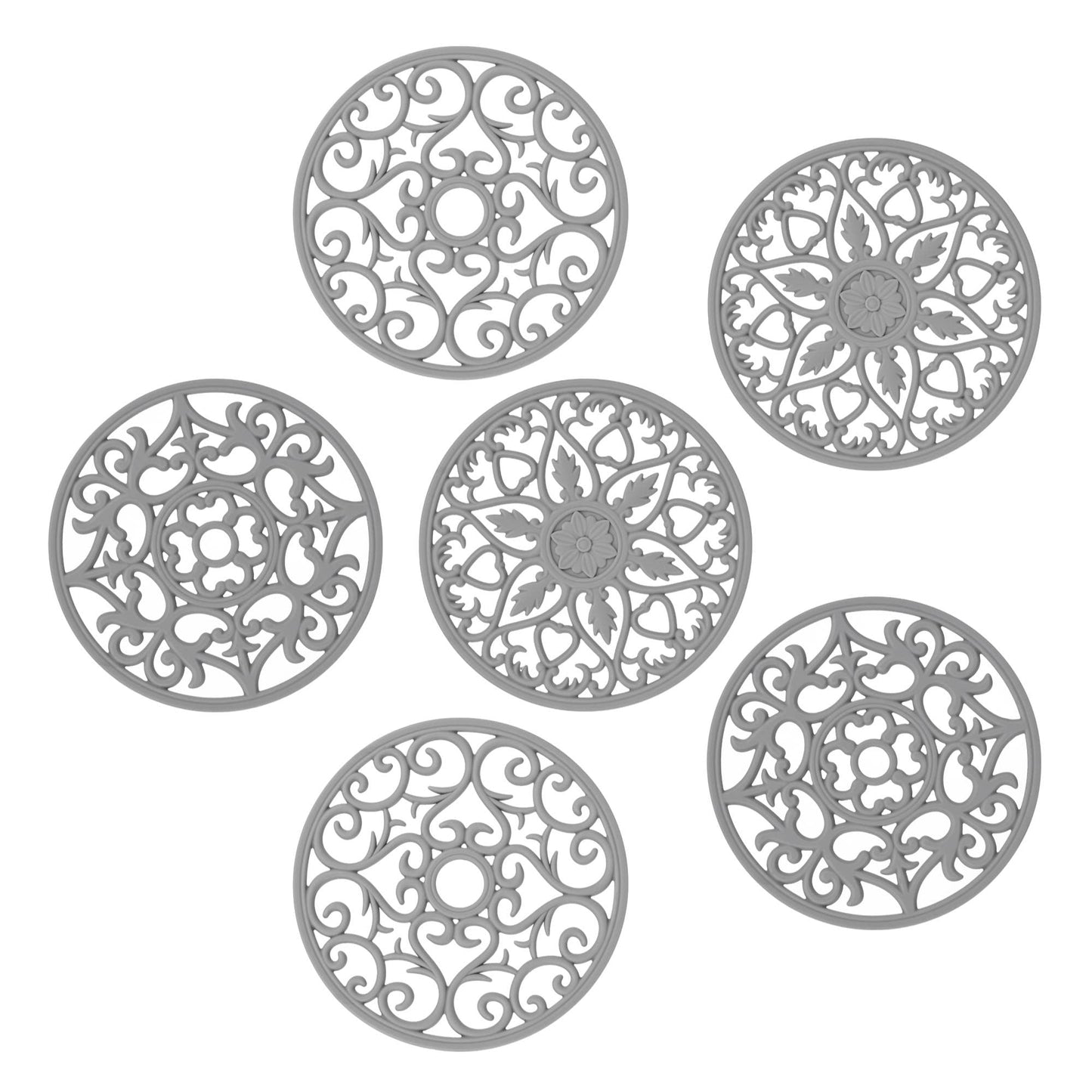 Dessous de plat en silicone Smithcraft pour plats chauds, casseroles et poêles, dessous de plat pour cuisine, tapis résistant à la chaleur sculpté multi-usage pour comptoir, dessous de plat en silicone pour maniques pour table et comptoirs, lot de 6, gris