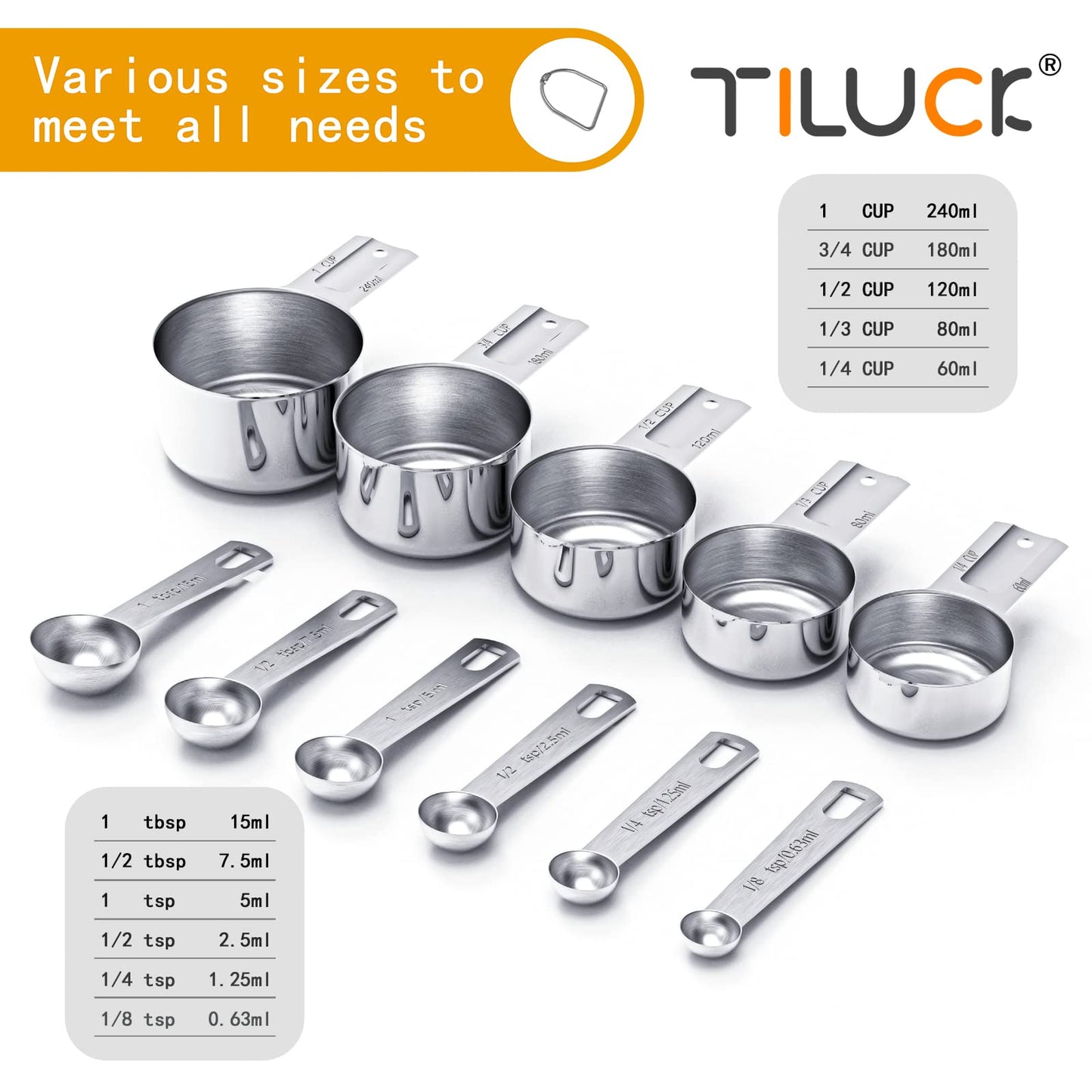 TILUCK Stainless Steel Measuring Cups & Spoons Set