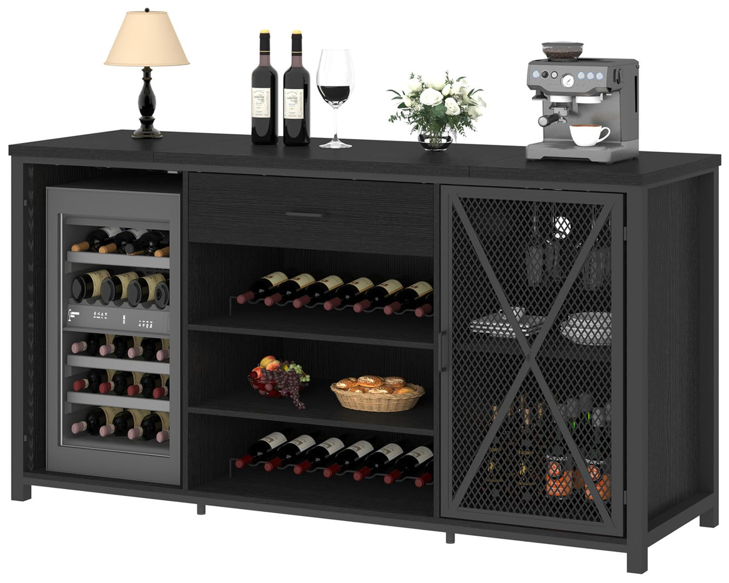 LVB Langer Barschrank mit Platz für den Kühlschrank, großer Spirituosenschrank im Landhausstil mit Schubladen, großer Weinschrank aus rustikalem Holz und Metall mit Regal, modernes Sideboard-Buffet für Küche und Esszimmer, grau, 70 Zoll