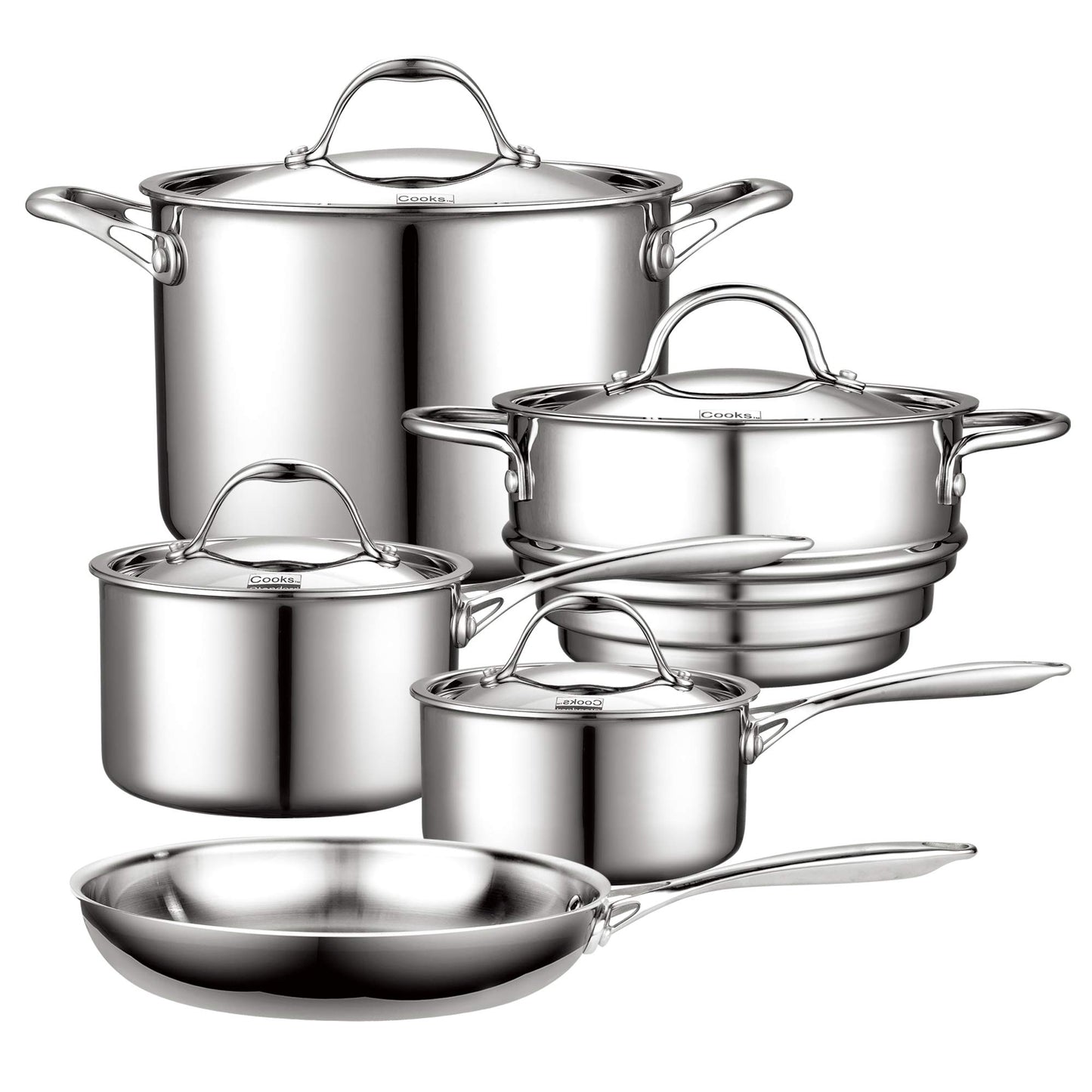 Cooks Standard Küchenkochgeschirr-Sets aus Edelstahl, 10-teilig, mehrlagiges, vollverkleidetes Kochset mit Töpfen und Pfannen mit kühl bleibenden Griffen, spülmaschinenfest, ofenfest bis 260 °C, silber