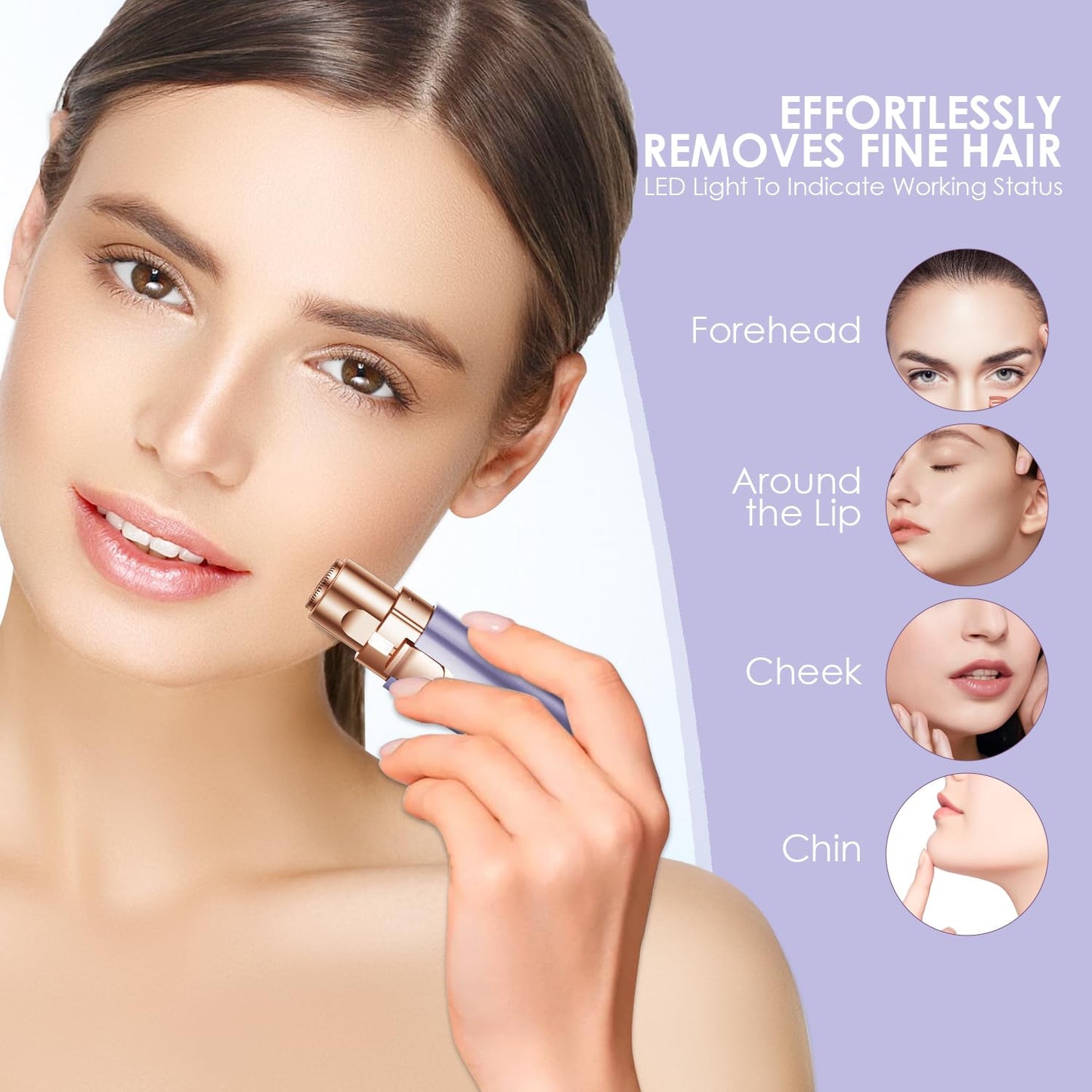 Eyebrow Facial Trimmer: 2 in1 Rechargeable Facial Hair Removal and Eyebrow Shaver - Face Lips Body Painless Facial Razor with Built-in LED Light (Rose Gold)