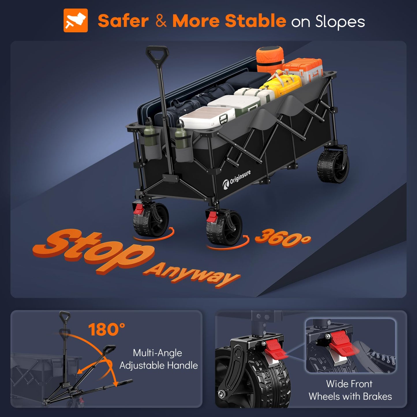 48" L Collapsible Wagon Cart Foldable, 560LB Weight Capacity 300L Heavy Duty Folding Beach Wagons with Big All-Terrain Wheels, Utility Carts for Groceries, Shopping, Camping, Sports - Black