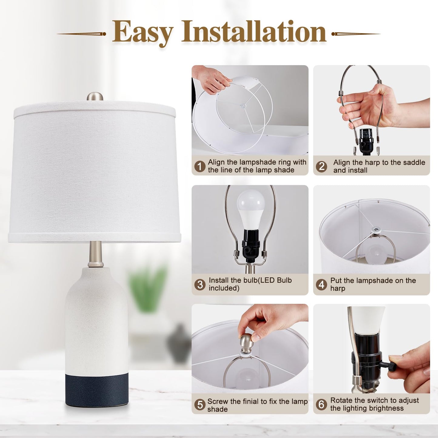 Luvkczc Moderne Keramiklampen für Schlafzimmer, 2er-Set, 3-Farbtemperatur-Tischlampe, Nachttischlampe, Schreibtisch-Leselampe mit Stoffschirm in Trommelform für Schlafzimmer, Wohnzimmer, 2 Glühbirnen enthalten (21,4 Zoll)