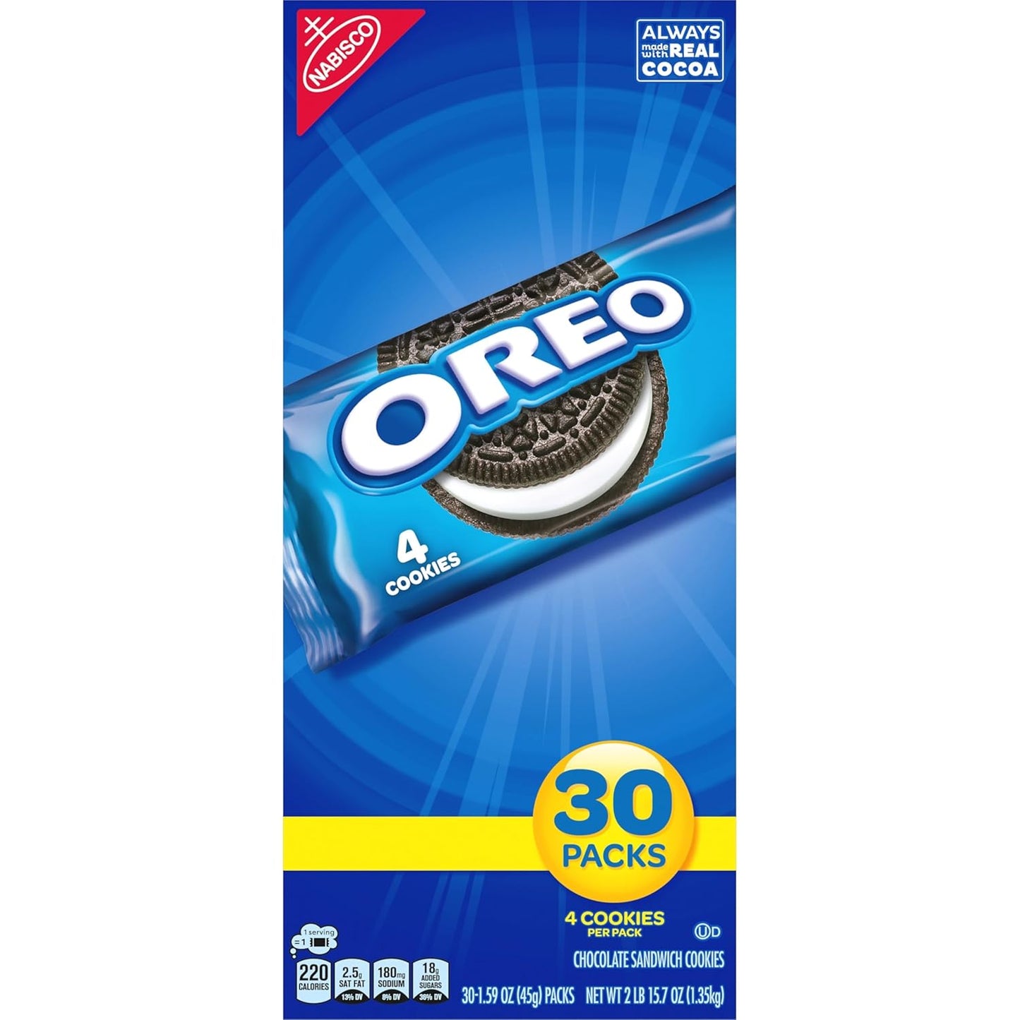 OREO Chocolate Sandwich Cookies, 30 Snackpackungen (4 Kekse pro Packung)