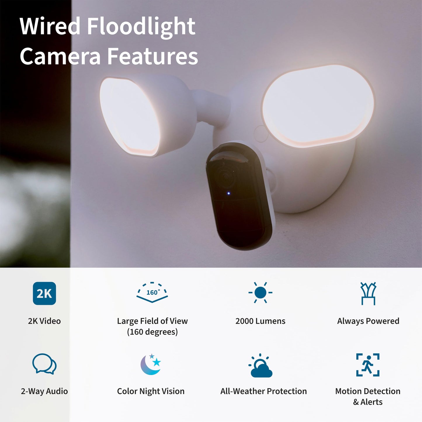 Wired Floodlight Security Camera with 2K HDR Video, 2000 Lumens, Color Night Vision & 2-Way Audio – Weather-Resistant