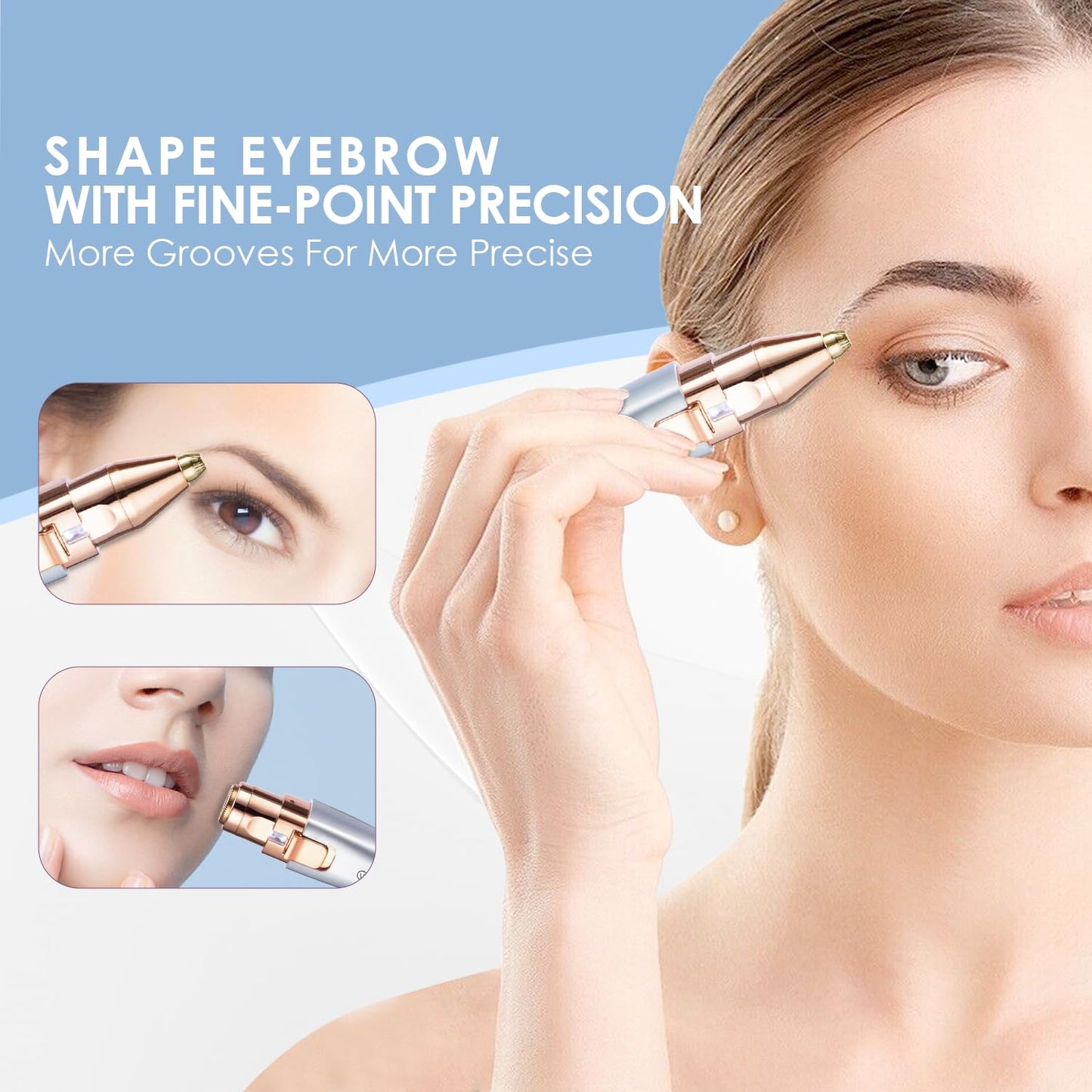 Eyebrow Facial Trimmer: 2 in1 Rechargeable Facial Hair Removal and Eyebrow Shaver - Face Lips Body Painless Facial Razor with Built-in LED Light (Rose Gold)