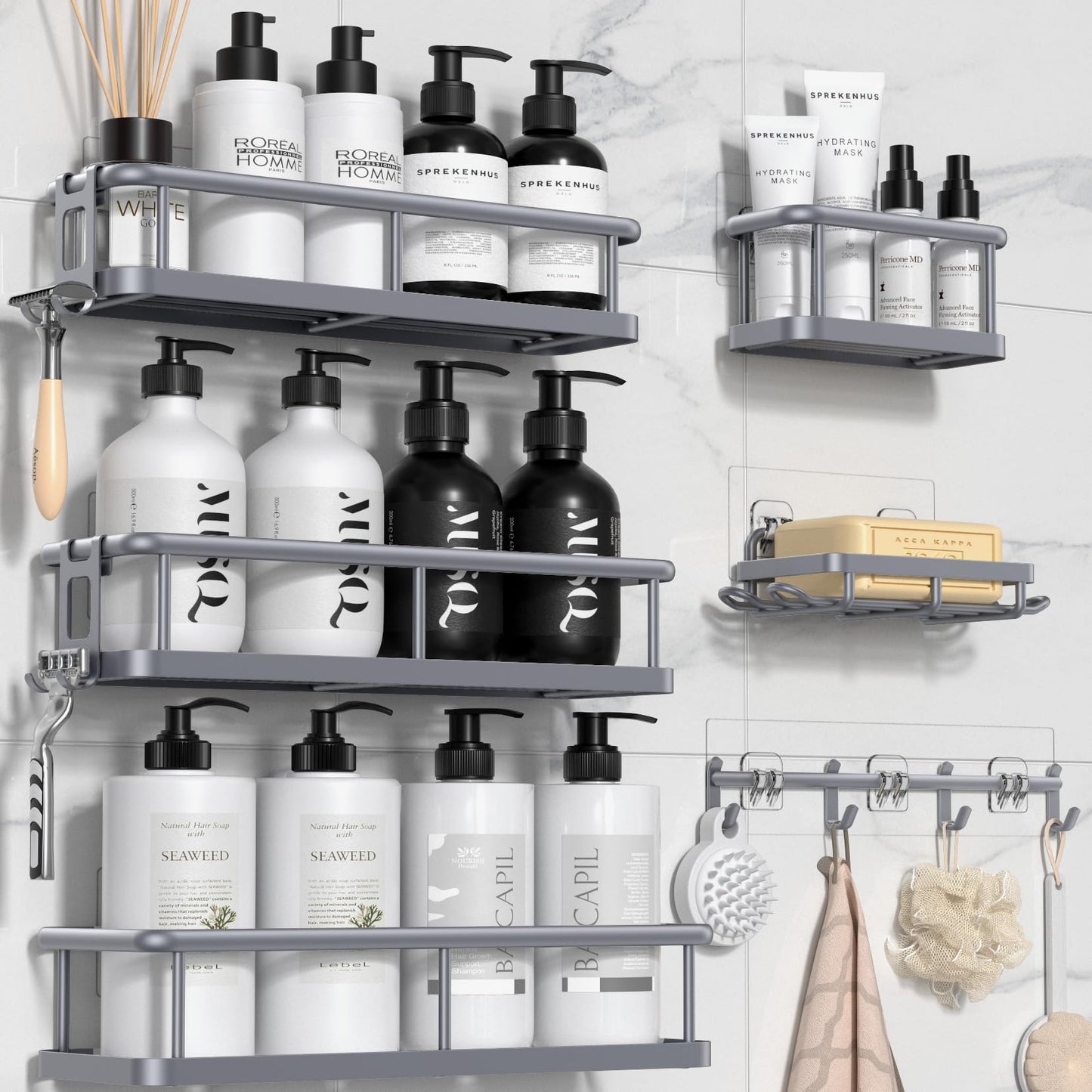 YASONIC Shower Caddy 6 Pack Rustproof shower Organizer, Large Capacity Shower Shelves for inside shower, Bathroom Organizers and Storage with Soap Holder and 12 Hooks, Adhesive Shower storage, Black