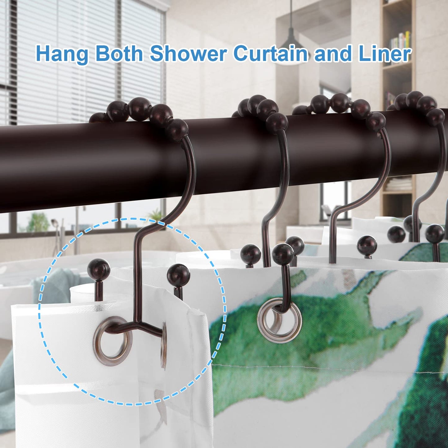 Shower Curtain Hooks Rings, TENOVEL Double Sided Shower Hooks Rust Proof for Bathroom Shower Rods Curtain, Durable Stainless Steel Bathroom Shower Curtain Hangers, Bronze, Set of 12