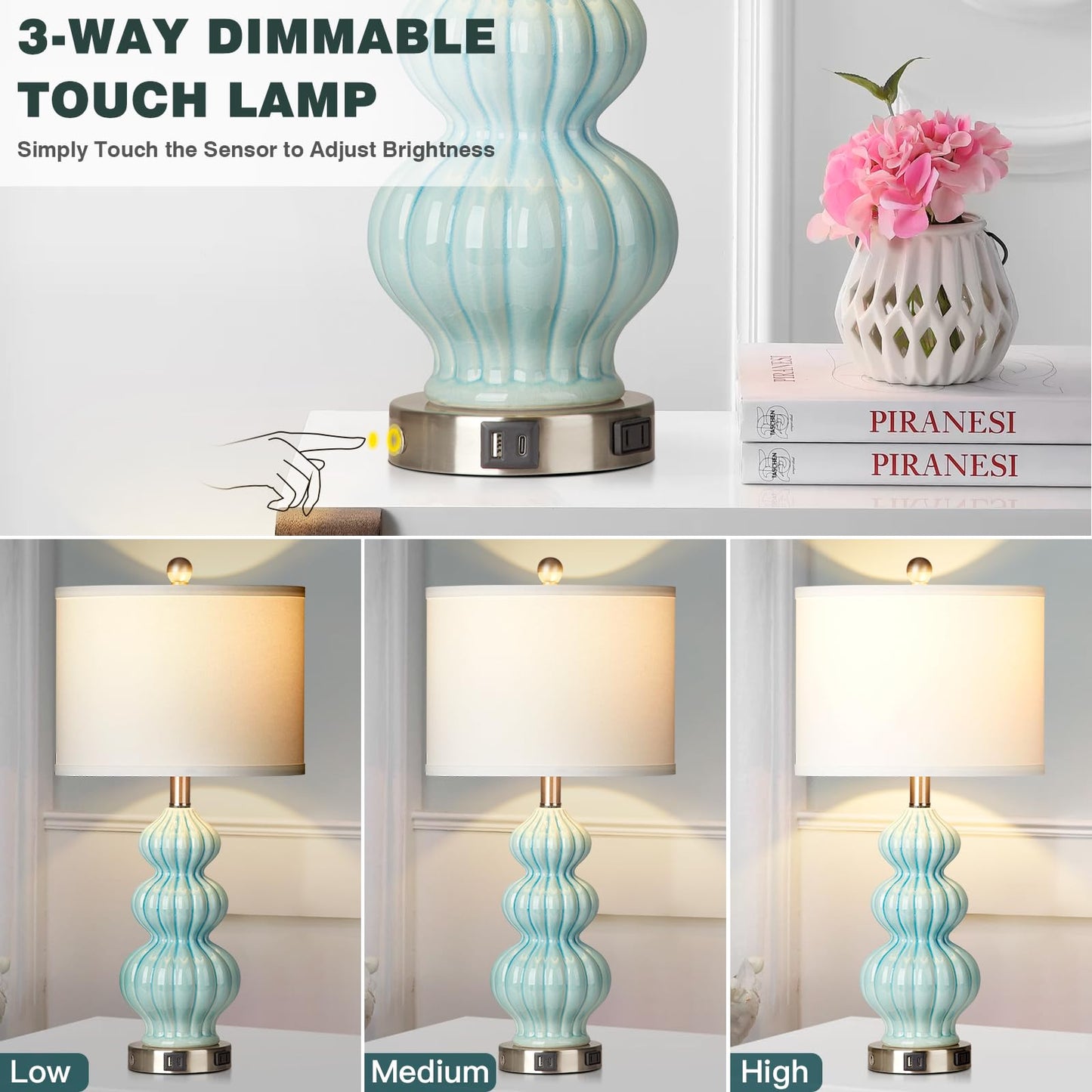 27-Zoll-Tischlampen aus Glas, 2er-Set mit Nachtlicht, moderne Nachttischlampen mit 3-Wege-Touch-Steuerung, USB-A+C-Anschlüssen und AC-Steckdose, gelbe Nachttischlampen im Boho-Stil für das Wohnzimmer im Schlafzimmer