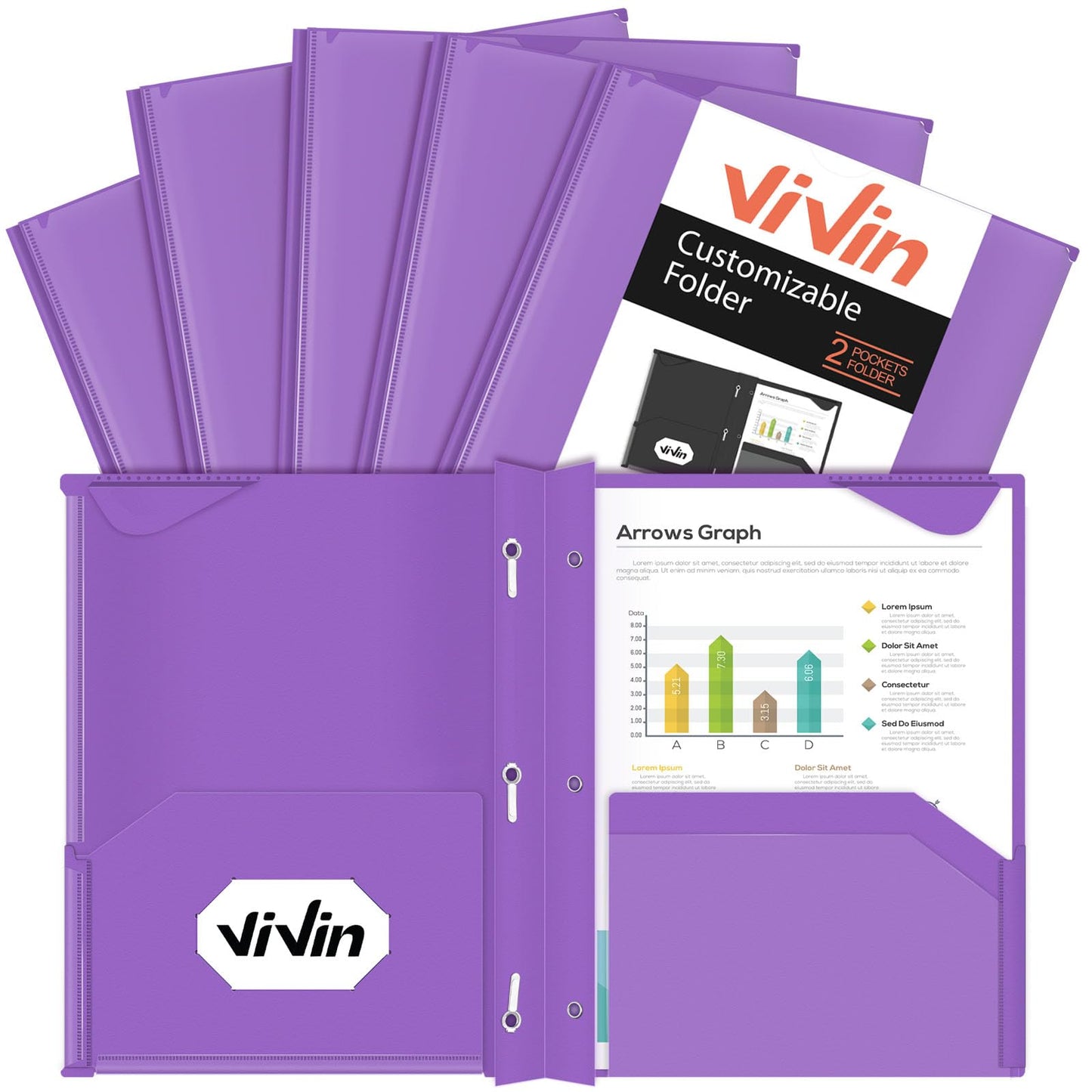 Chemises en plastique épais ViVin avec pochettes et broches, deux poches, poche avant transparente et onglets de maintien, lot de 6, pour papier au format lettre US, pour l'école et le bureau - Blanc