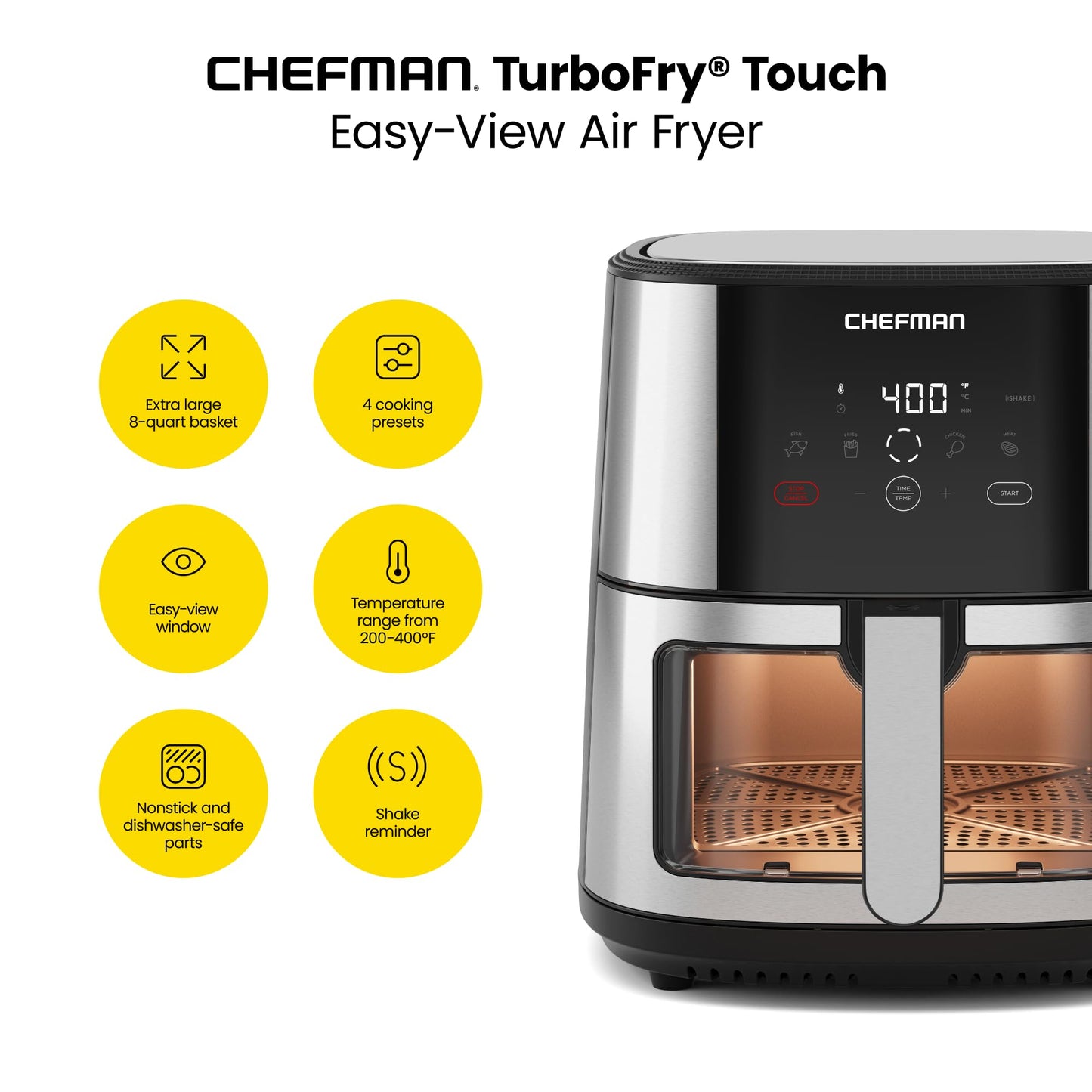 Chefman TurboFry® Touch Heißluftfritteuse, XL 8-Qt Familiengröße, digitale One-Touch-Voreinstellungen, Pommes Frites, Hähnchen, Fleisch, Fisch, antihaftbeschichtete, spülmaschinenfeste Teile, automatische Abschaltung, Edelstahl