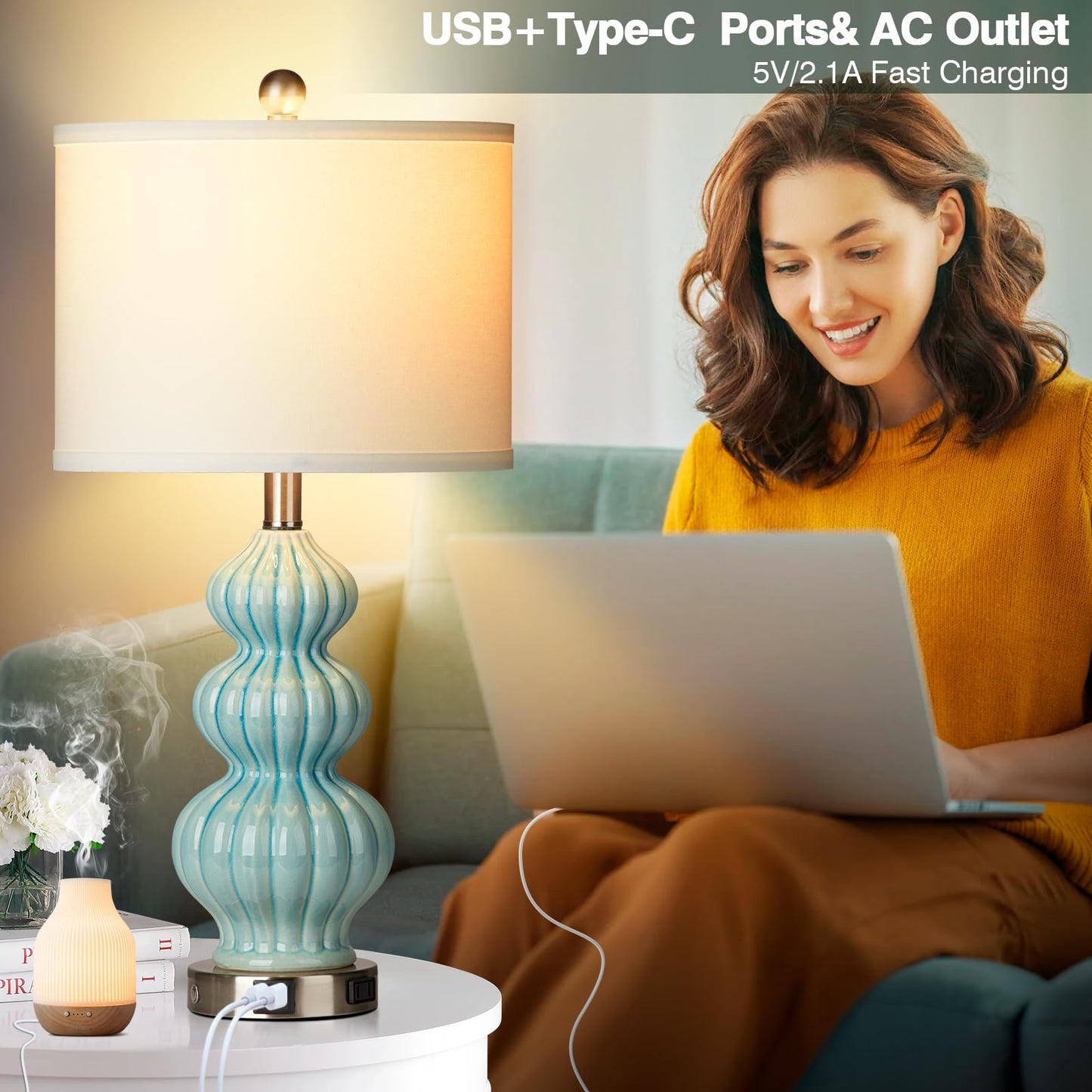 27-Zoll-Tischlampen aus Glas, 2er-Set mit Nachtlicht, moderne Nachttischlampen mit 3-Wege-Touch-Steuerung, USB-A+C-Anschlüssen und AC-Steckdose, gelbe Nachttischlampen im Boho-Stil für das Wohnzimmer im Schlafzimmer
