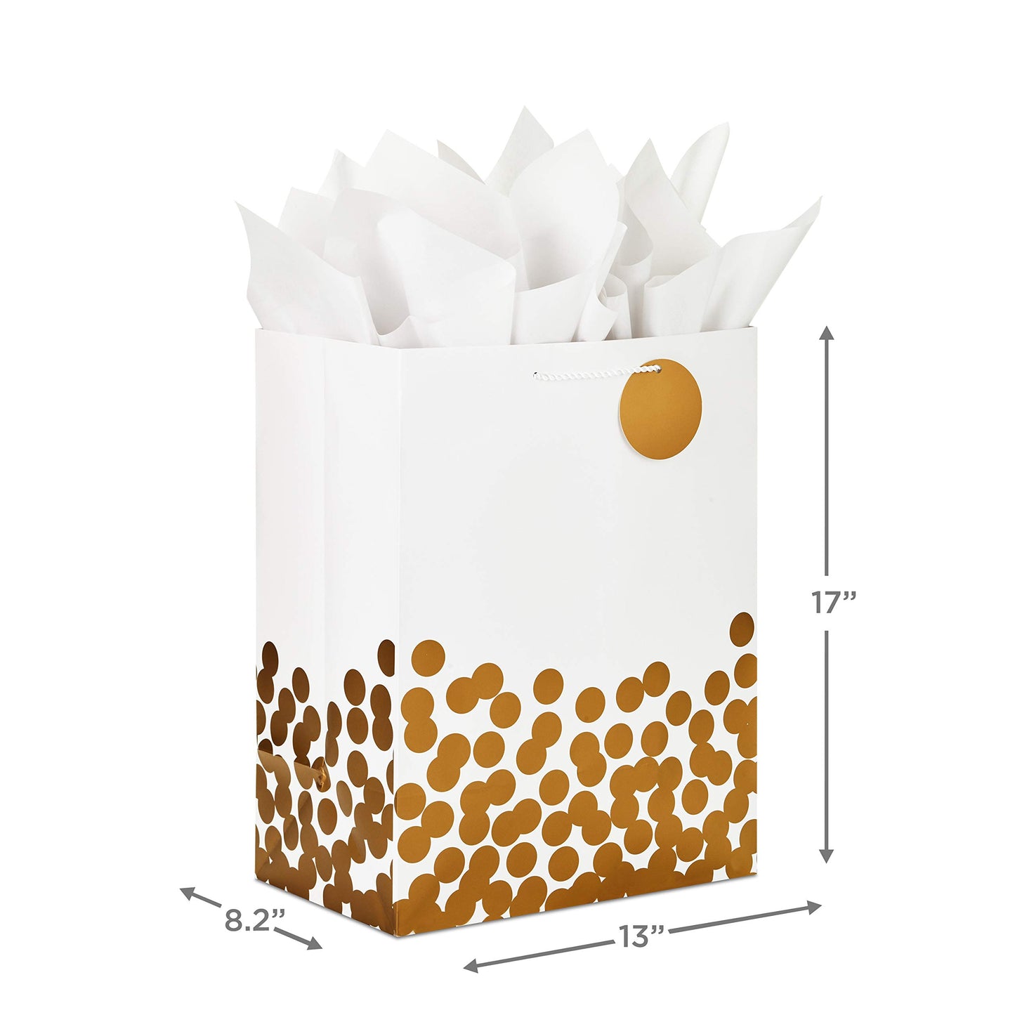 Sac cadeau extra large Hallmark de 17 po avec papier de soie (blanc à pois dorés) pour Noël, Hanoukka, mariages, fiançailles, fêtes prénuptiales, remises de diplômes, retraites, anniversaires, Saint-Valentin