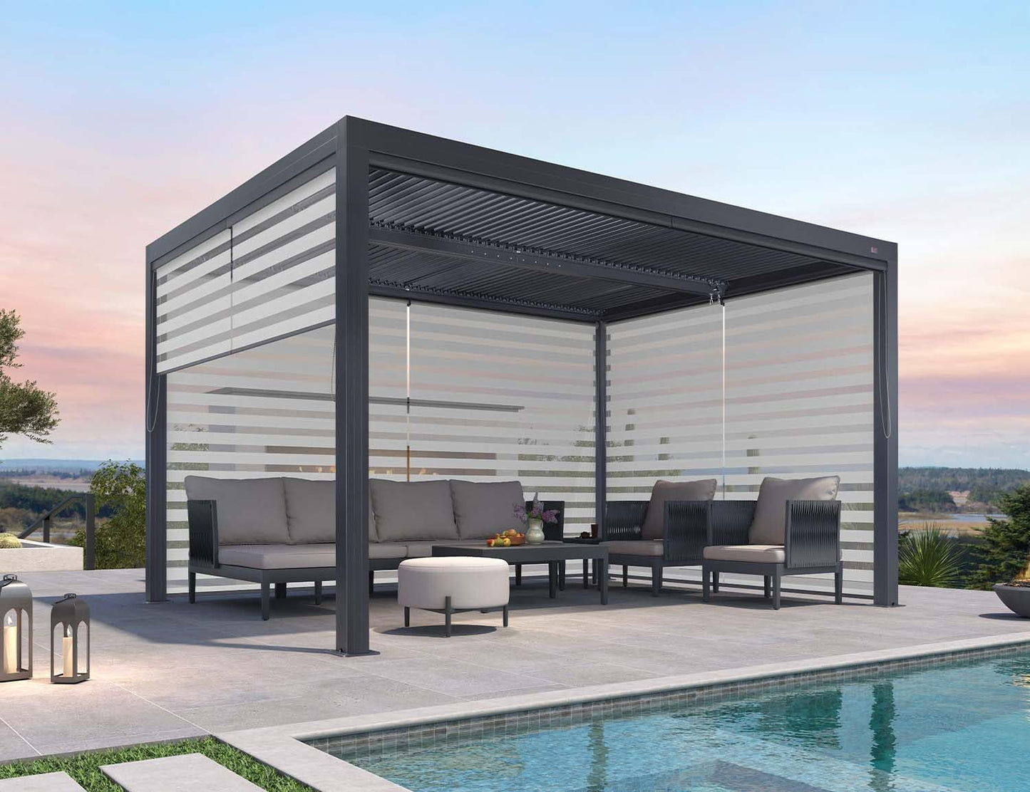 PURPLE LEAF Lamellenpergola 94AS, 3,3 x 4,3 m, Aluminium-Pergola für den Außenbereich mit Sonnenschutz, verstellbarem Dach für Terrasse, Hinterhof, grauer Pavillon mit festem Dach, 1 lange Seite und 2 kurze Seiten