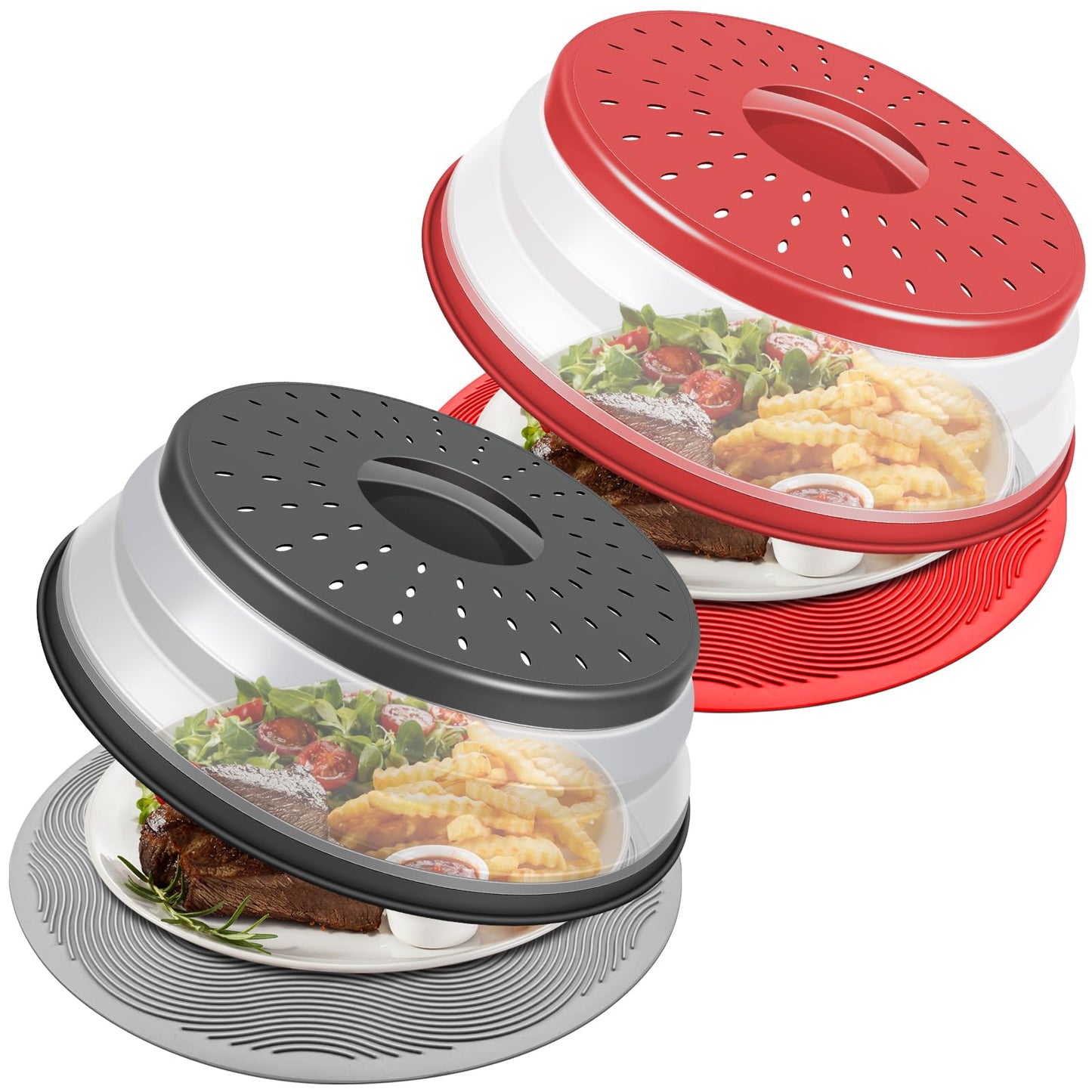 2er-Pack, LekDrok Mikrowellen-Abdeckhaube mit Matte, 12 Zoll, Matte als Schüsselhalter, Abdeckung als Spritzschutz, zusammenklappbarer Deckel für Teller, Mehrzweck-Silikonmatte und Küchensieb-Gadget für die Essenszubereitung, Anthrazit