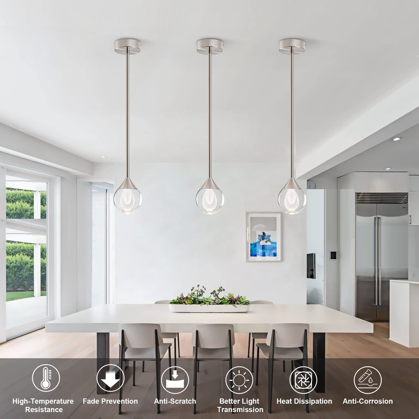 3-flammige Kristall-Pendelleuchte in Tropfenform, dimmbare LED-Hängeleuchte in Kristallkugelform, moderne Deckenpendelbeleuchtung für Kücheninsel, Esszimmer, Schlafzimmer, Bar, 3000 K, 24 W, gebürstetes Messing