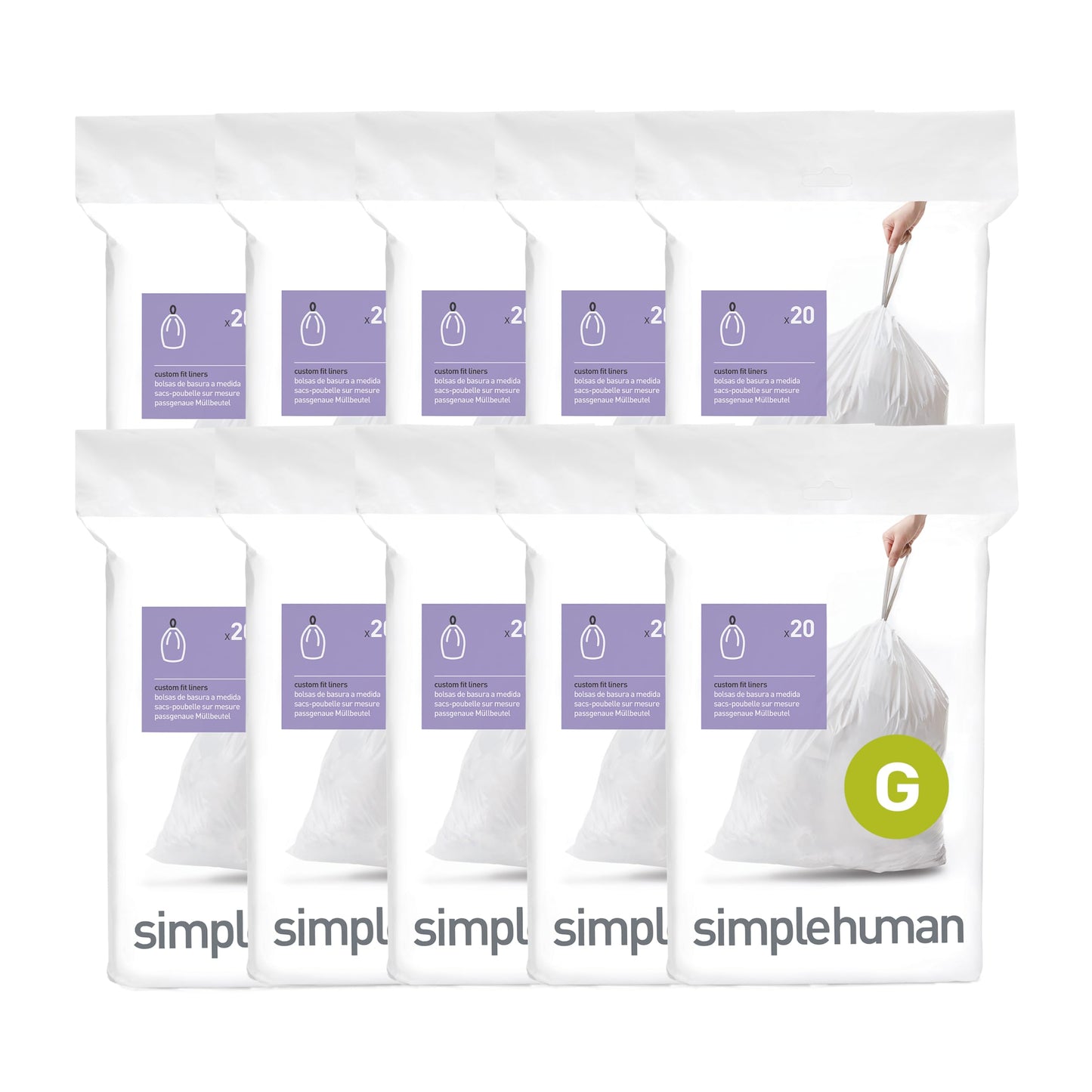 simplehuman Code H 60 Count, Genuine Custom Fit Liners, Drawstring Trash Bags in Dispenser Packs, 30-35 Liter / 8-9.2 Gallon, White