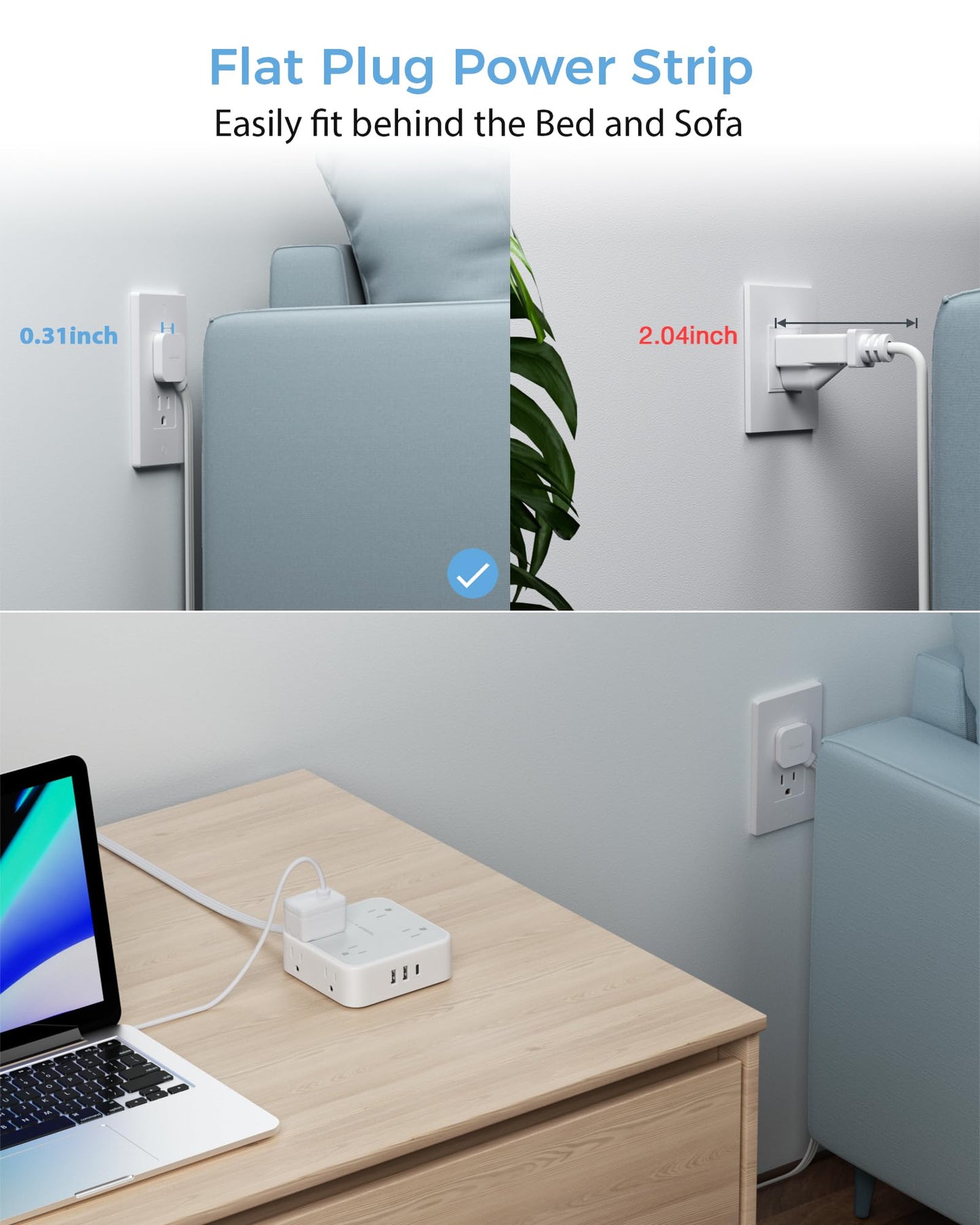 Surge Protector Flat Extension Cord Flat Plug Power Strip, 8 AC Outlets, 3 USB Charger(1 USB C Port) 3-Sided Outlet Extender, 5 Ft, 900 Joules Protection