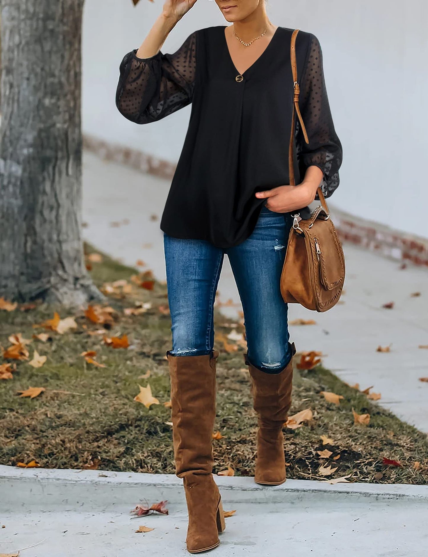 Bebonnie Damen Chiffonbluse mit Laternenmuster, 3/4-Ärmel, lässig, locker, V-Ausschnitt