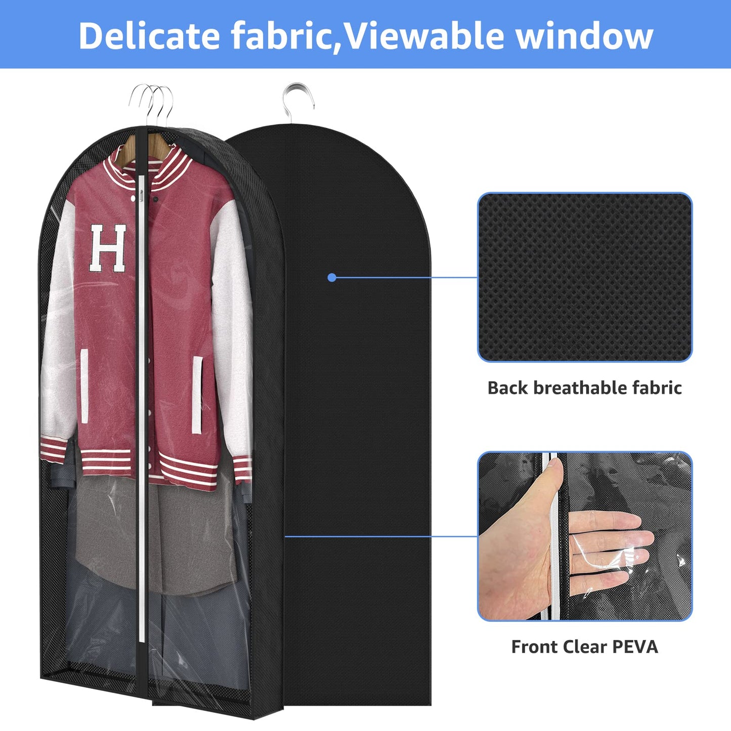 Sacs à vêtements transparents de 50 po pour suspendre des vêtements dans un placard avec soufflets de 4 po, sac de protection pour costumes pour robes, manteaux longs, vestes, pulls, chemises, 3 paquets, noir