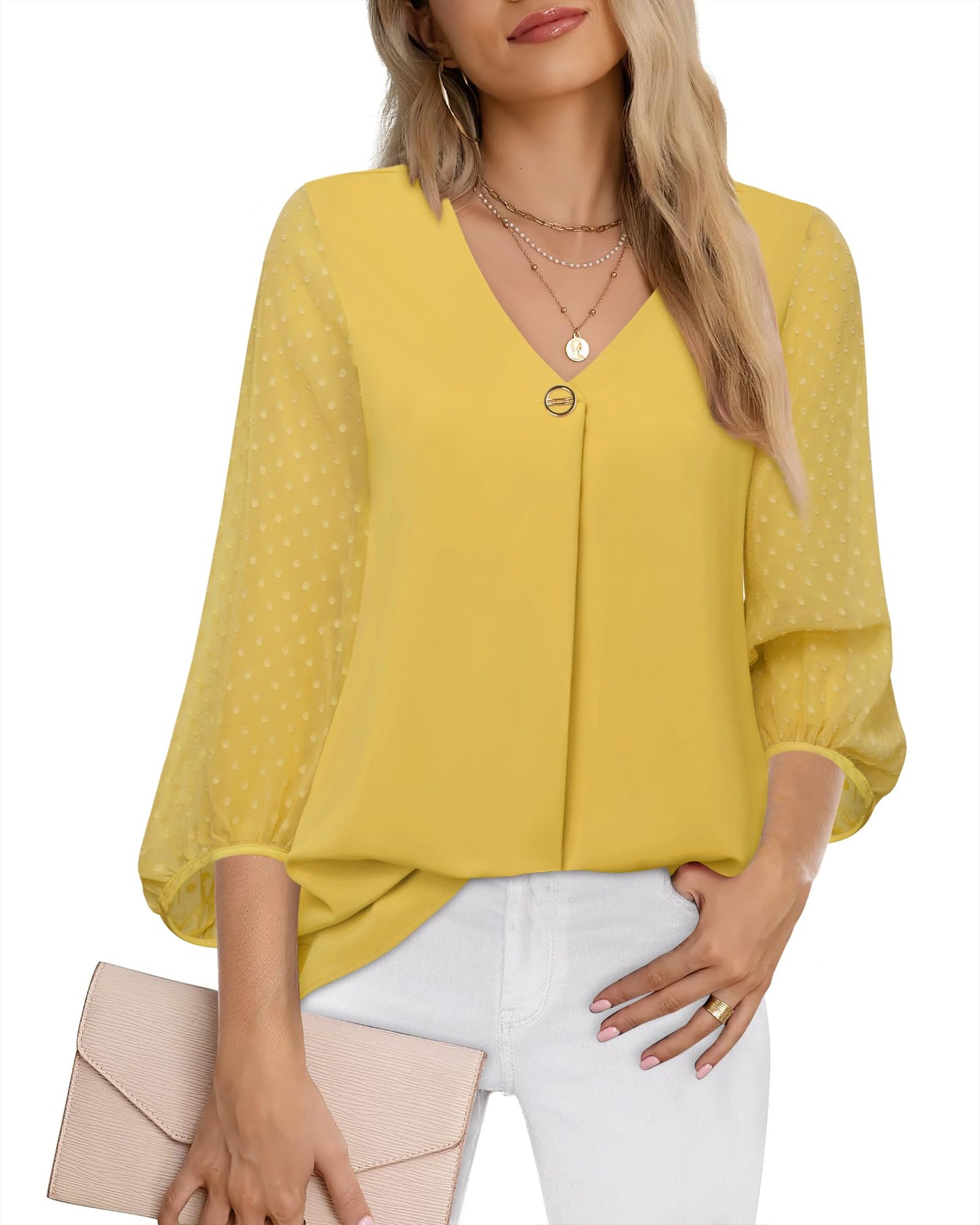 Bebonnie Damen Chiffonbluse mit Laternenmuster, 3/4-Ärmel, lässig, locker, V-Ausschnitt