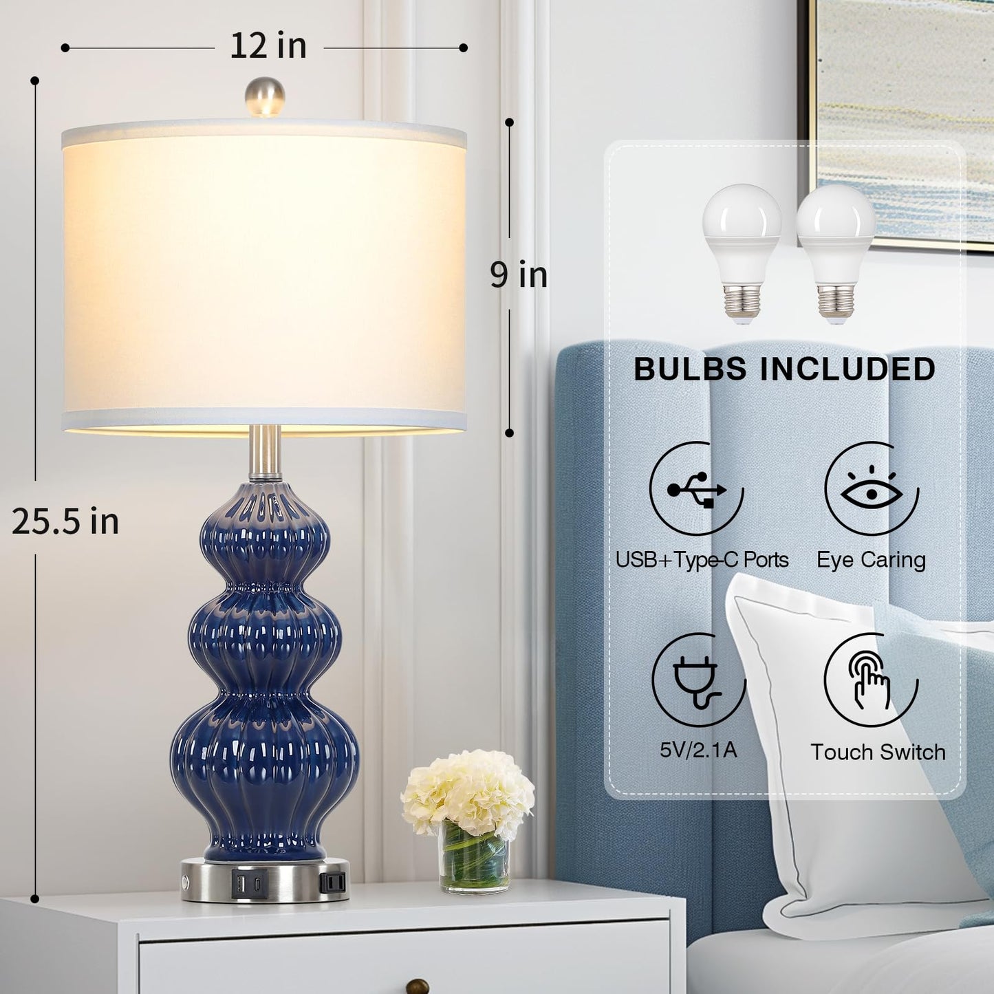 27-Zoll-Tischlampen aus Glas, 2er-Set mit Nachtlicht, moderne Nachttischlampen mit 3-Wege-Touch-Steuerung, USB-A+C-Anschlüssen und AC-Steckdose, gelbe Nachttischlampen im Boho-Stil für das Wohnzimmer im Schlafzimmer