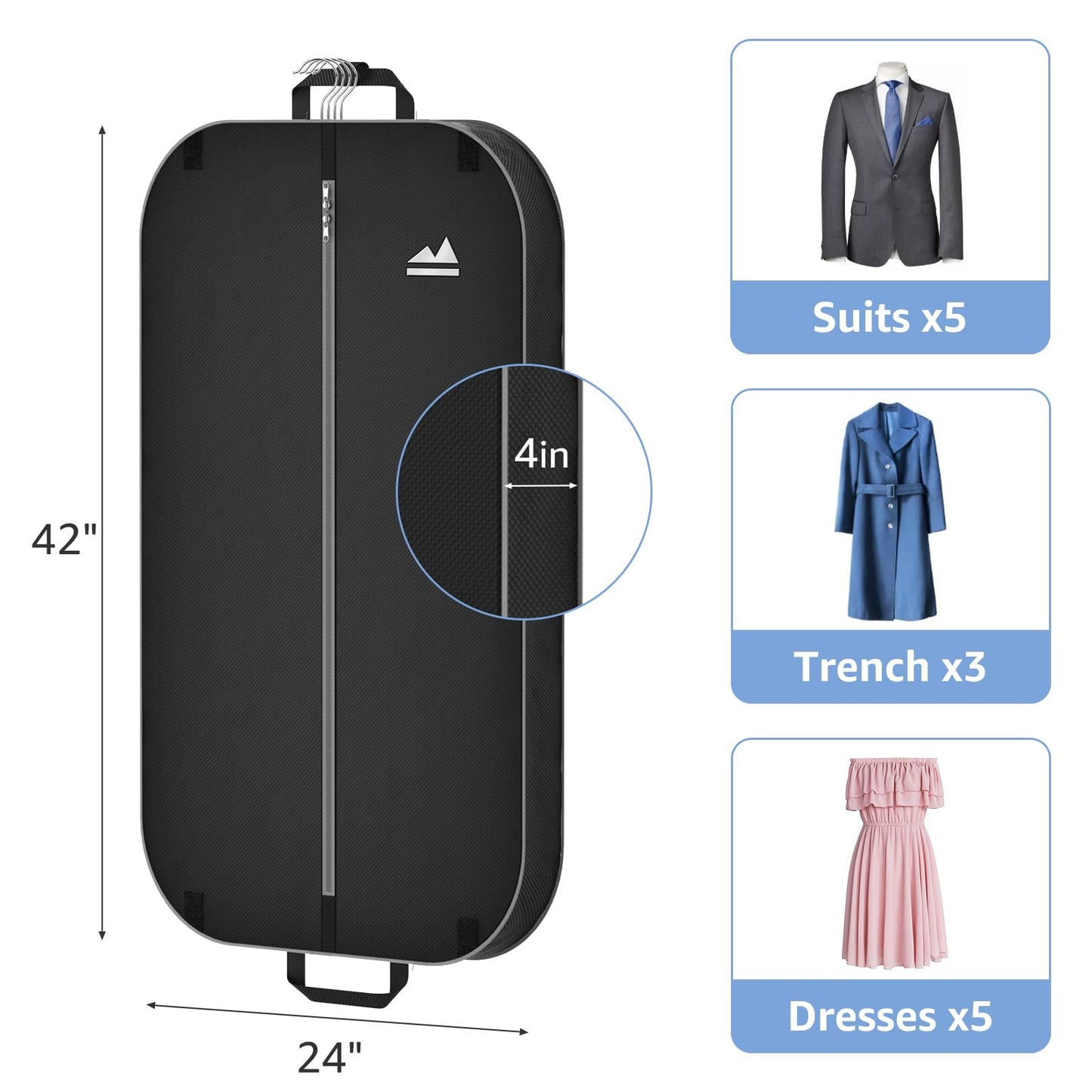 Sacs à vêtements transparents de 50 po pour suspendre des vêtements dans un placard avec soufflets de 4 po, sac de protection pour costumes pour robes, manteaux longs, vestes, pulls, chemises, 3 paquets, noir