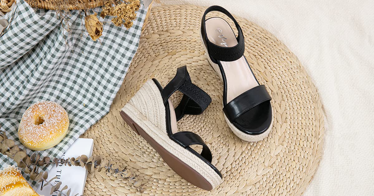 Vepose Damen 881 Keilsandalen Elastischer Fesselriemen Espadrilles Plateau Offene Zehenpartie High Heel Stretch Textil Brautschuhe